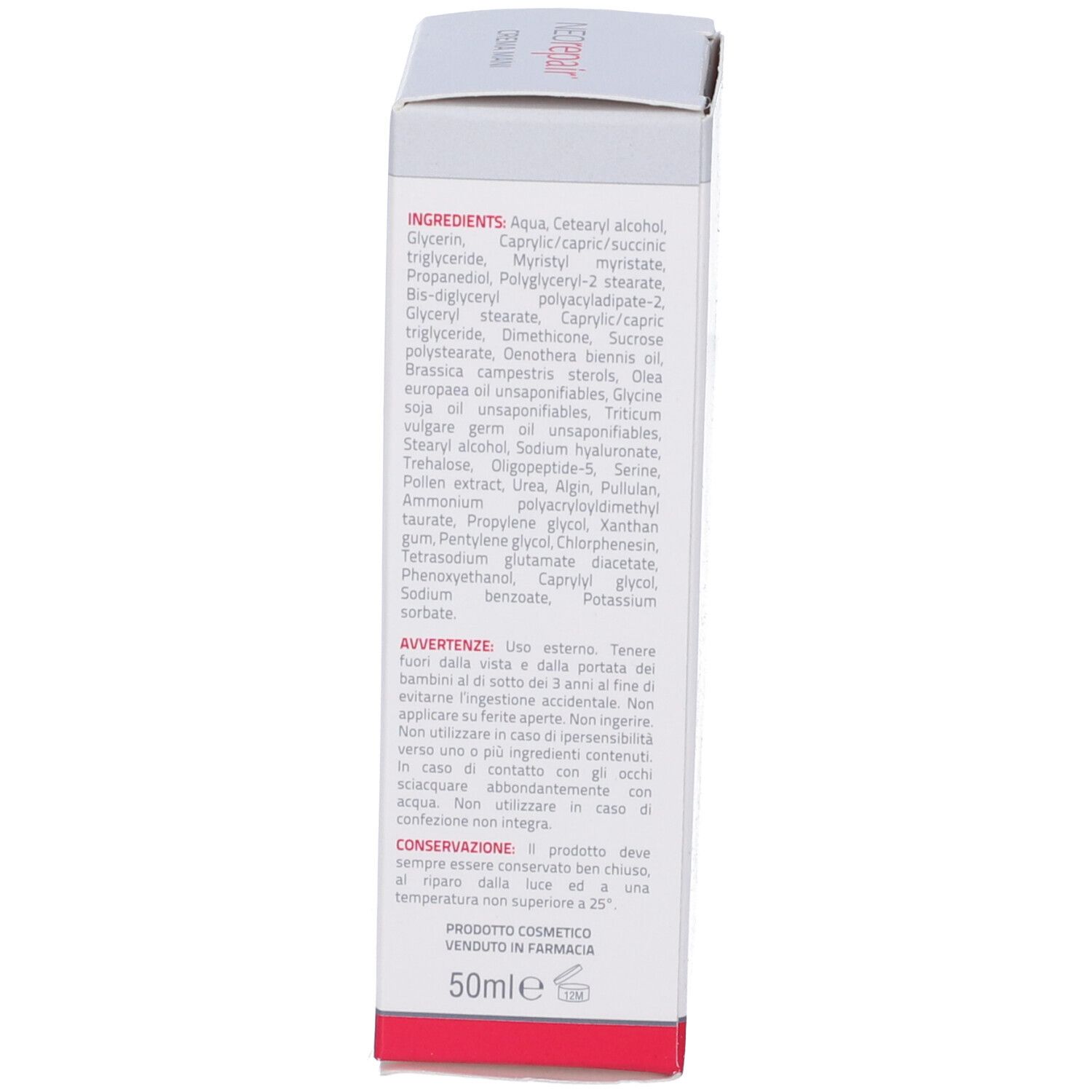 Retro della scatola Neorepair Crema Mani. Ingredienti, avvertenze e conservazione. 50ml. DOAFARM.