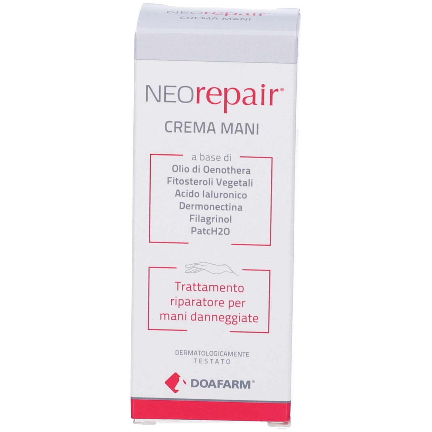 Scatola Neorepair Crema Mani. Nome prodotto, ingredienti e testo. Logo DOAFARM. Testato dermatologicamente.