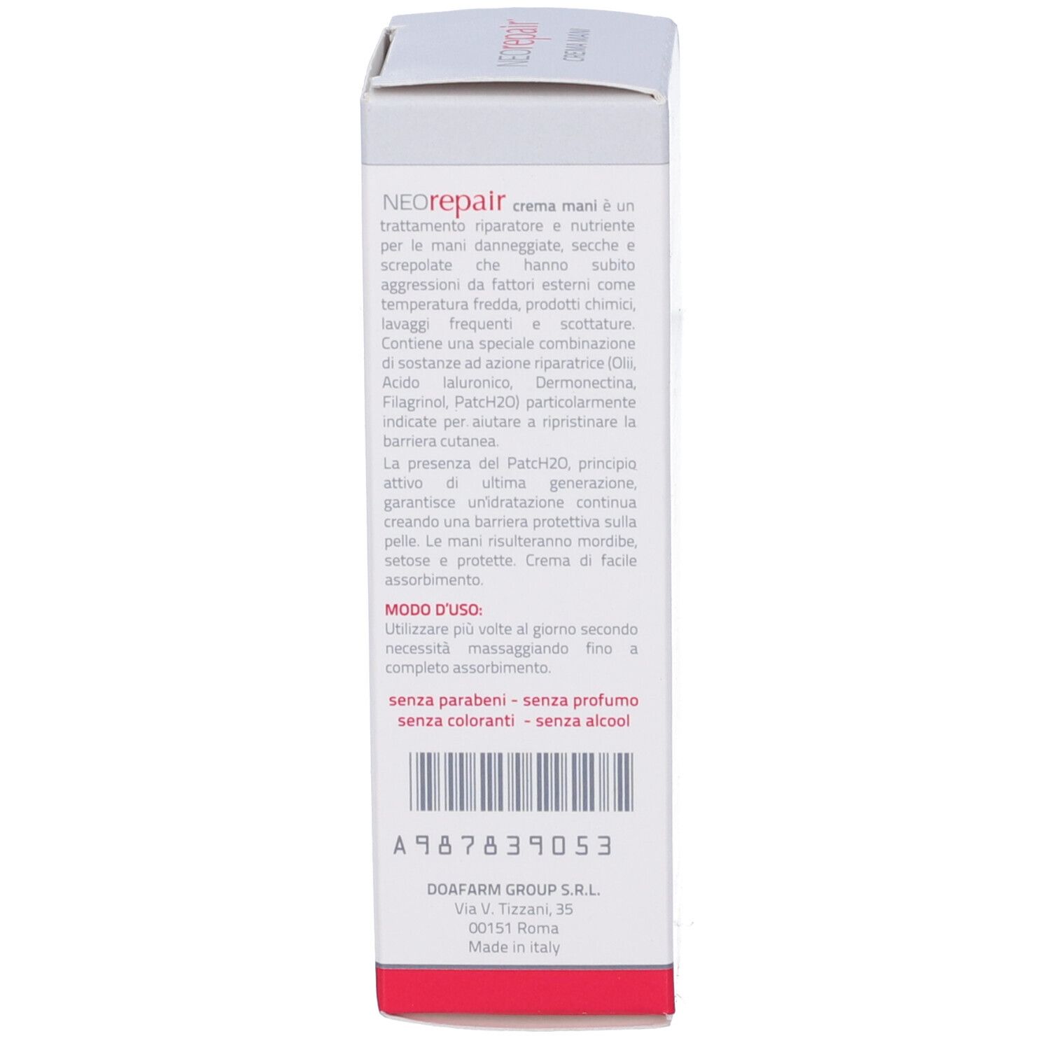 Retro della scatola Neorepair Crema Mani. Testo su ingredienti, uso e avvertenze. 50ml. DOAFARM.