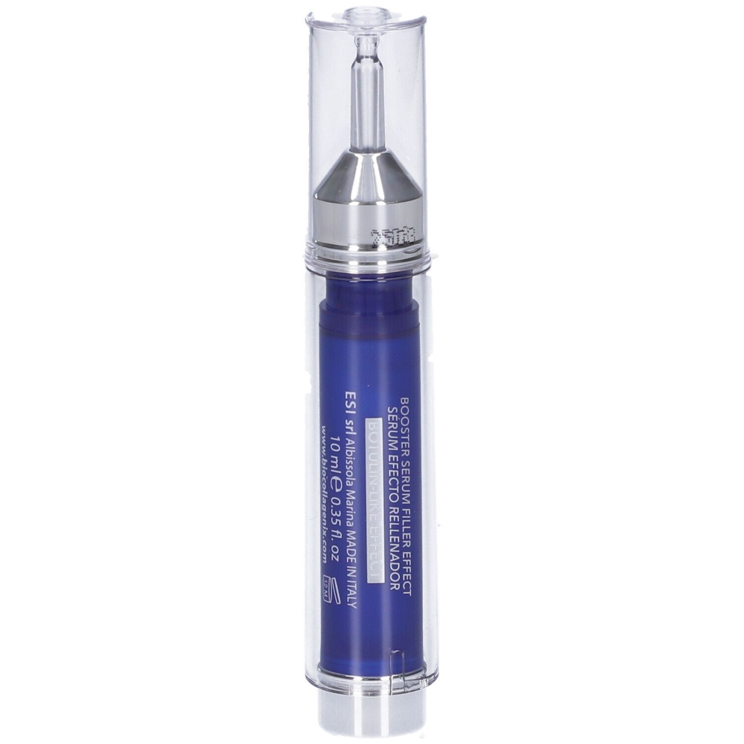 Siero blu in custodia trasparente. Con applicatore argentato. Testo e volume: 10 ml.
