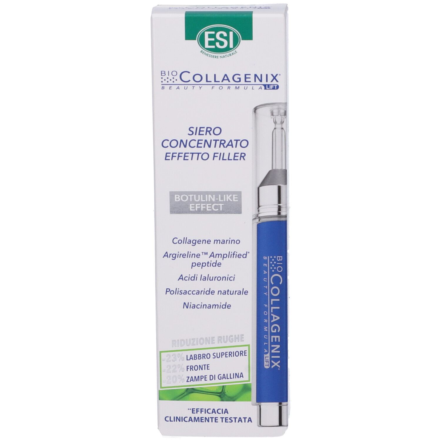 Confezione del prodotto con siero e scatola. Siero blu, con applicatore argentato. Scatola con testo e logo.