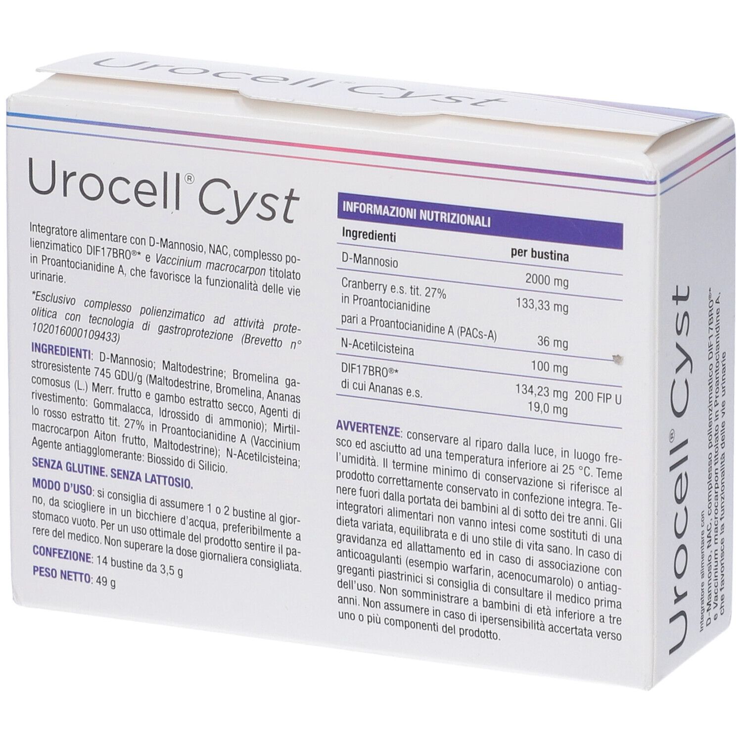 Scatola bianca Urocell Cyst. Contiene 14 bustine. Testo con ingredienti e informazioni nutrizionali. Logo BiFarma.