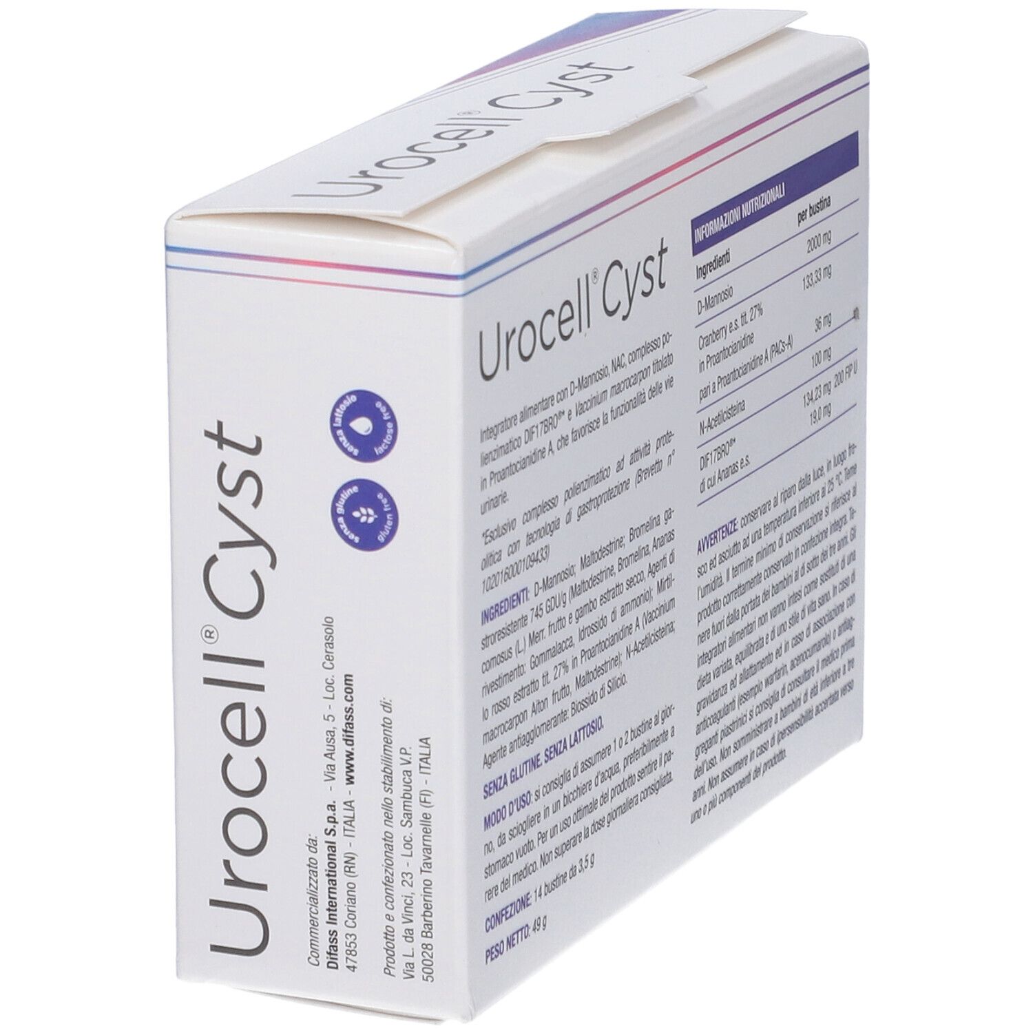 Scatola Urocell Cyst, bianca. Contiene 14 bustine. Testo e loghi. Logo BiFarma.