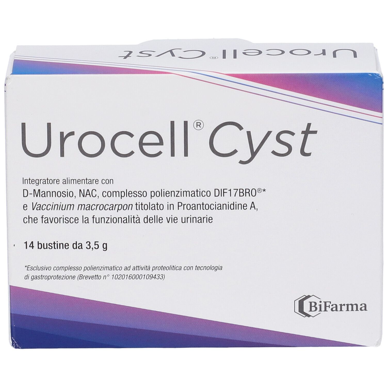 Scatola bianca Urocell Cyst. Contiene 14 bustine. Sfumature blu e viola. Logo BiFarma.
