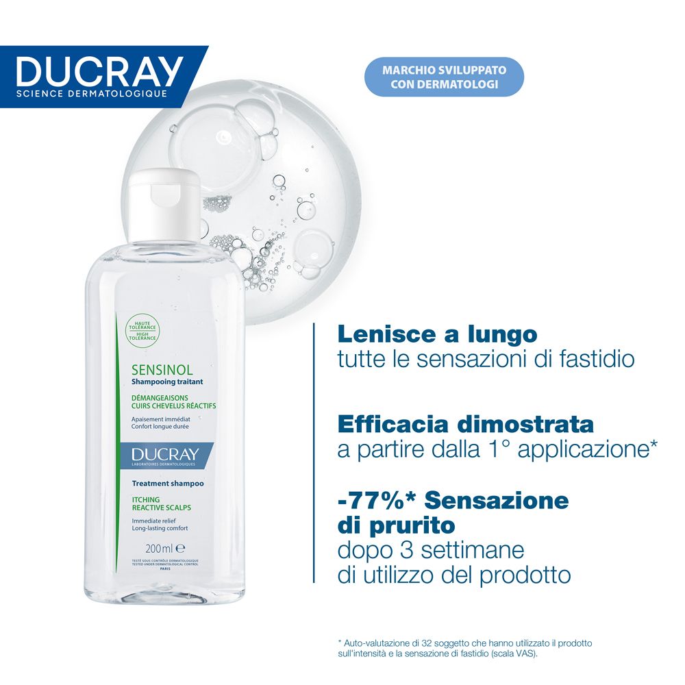 Flacone di shampoo con testo e grafica. Testo: Lenisce a lungo, Efficacia dimostrata, -77% Sensazione di prurito.