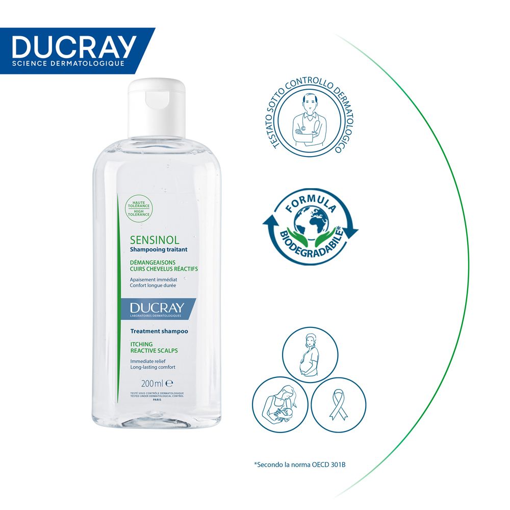Flacone di shampoo con loghi e testo. Loghi: Formule Biodegradabile, Testato sotto controllo dermatologico.