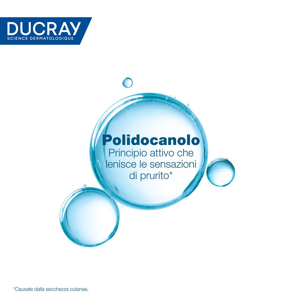 Grafica con testo. Testo: Polidocanolo, principio attivo che lenisce le sensazioni di prurito.