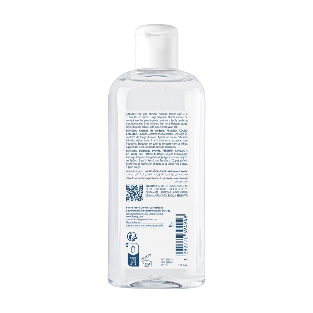 Retro del flacone di shampoo con testo e codice QR. Ingredienti, informazioni produttore, codice QR.