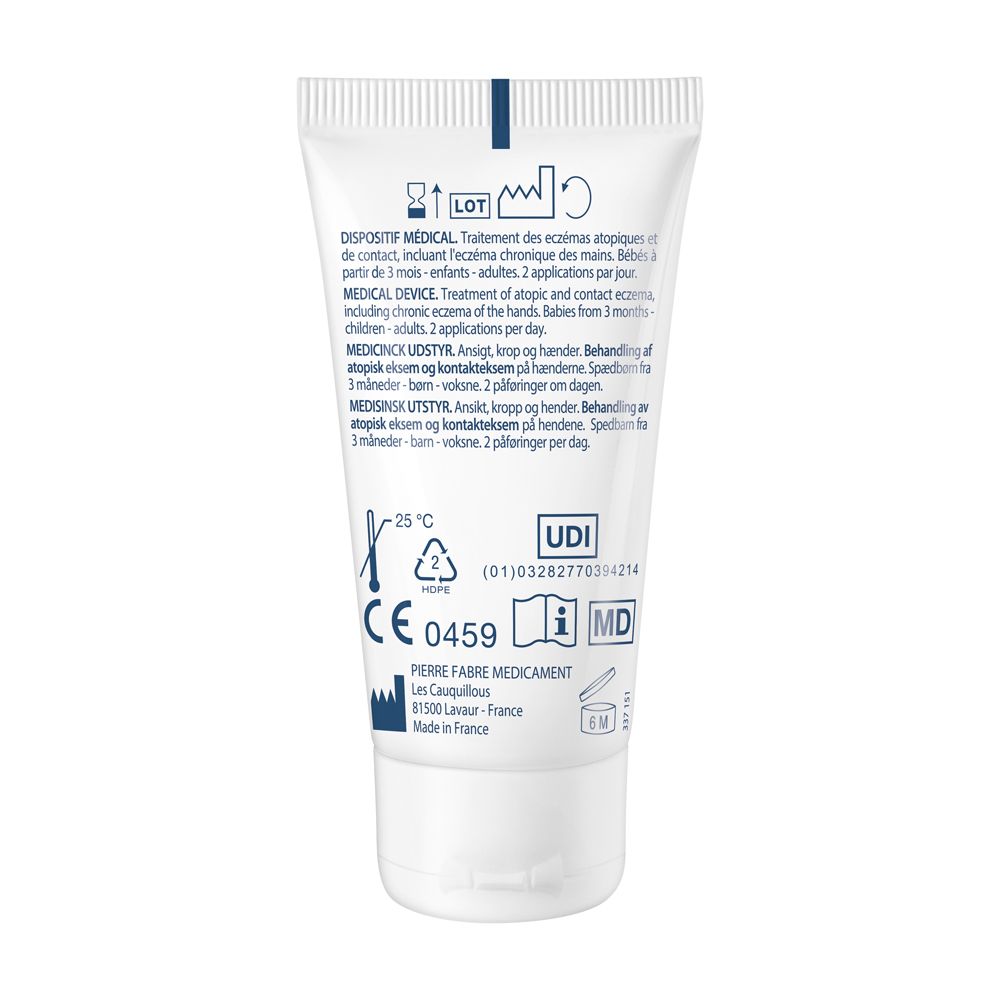 Retro del tubo bianco. Testo: Dispositivo medico. Informazioni sull'uso e ingredienti. Marchio CE e codice UDI.