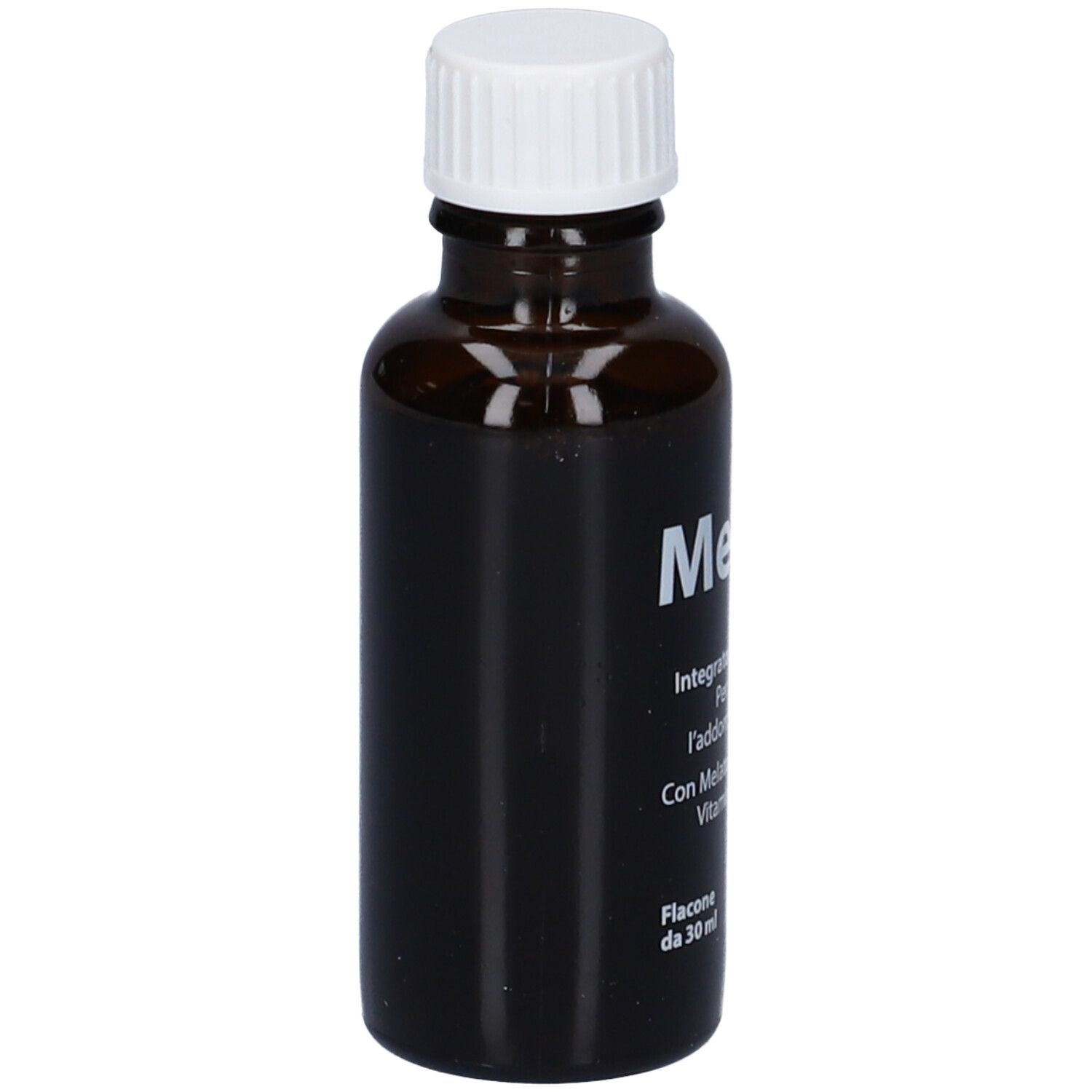 Flacone di vetro marrone con tappo bianco. Scritta: MelVit Gocce. Contiene Melatonina, Griffonia, Vitamina D3 e B6. Flacone 30 ml.