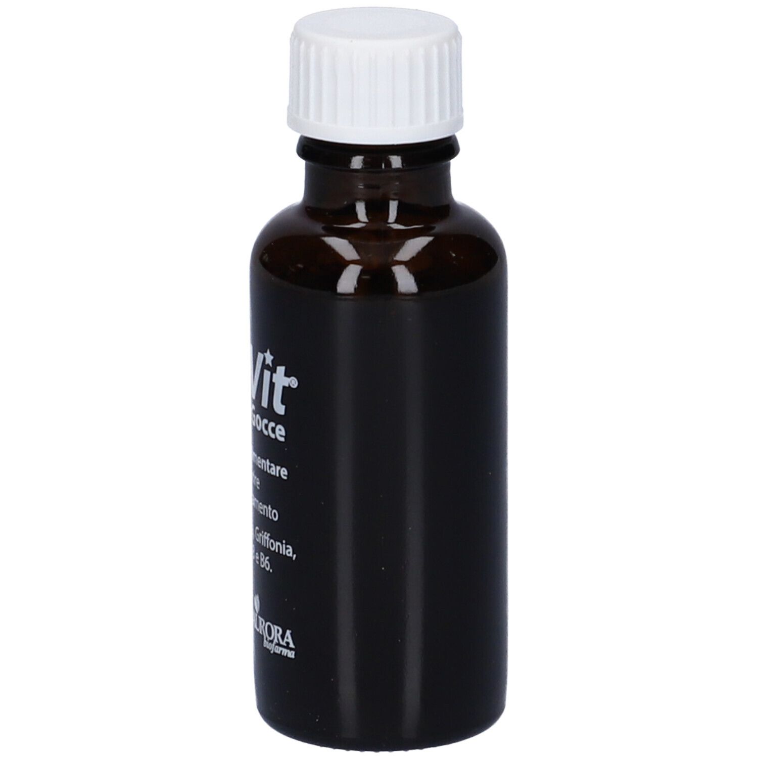 Flacone di vetro marrone con tappo bianco. Scritta: MelVit Gocce, Aurora Biofarma. Flacone 30 ml.