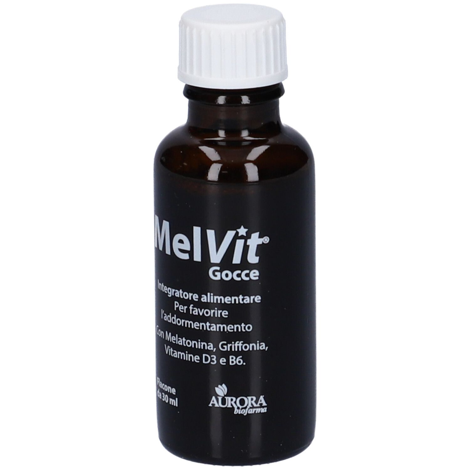 Flacone di vetro marrone con tappo bianco. Scritta: MelVit Gocce, Aurora Biofarma. Flacone 30 ml. Contiene Melatonina, Griffonia, Vitamine.