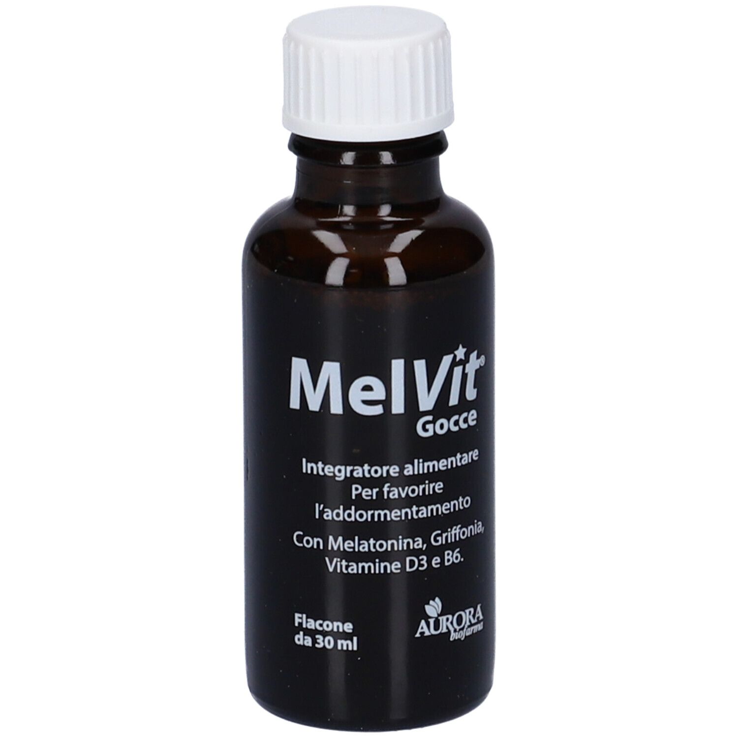 Flacone di vetro marrone con tappo bianco. Scritta: MelVit Gocce, Aurora Biofarma. Flacone 30 ml. Contiene Melatonina, Griffonia, Vitamine.