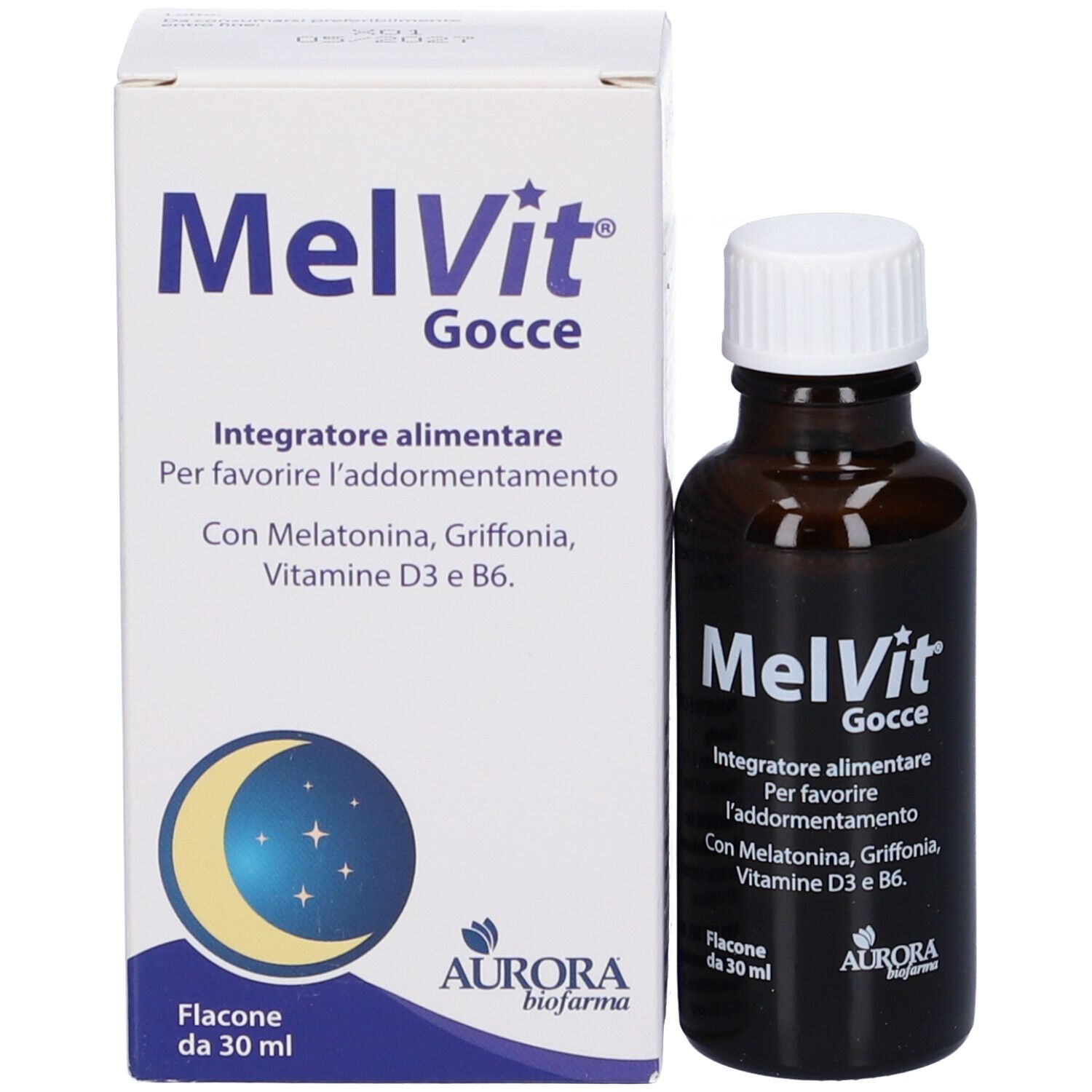 Confezione e flacone. Scritta: MelVit Gocce, Aurora Biofarma. Contiene Melatonina, Griffonia, Vitamine. Flacone 30 ml.
