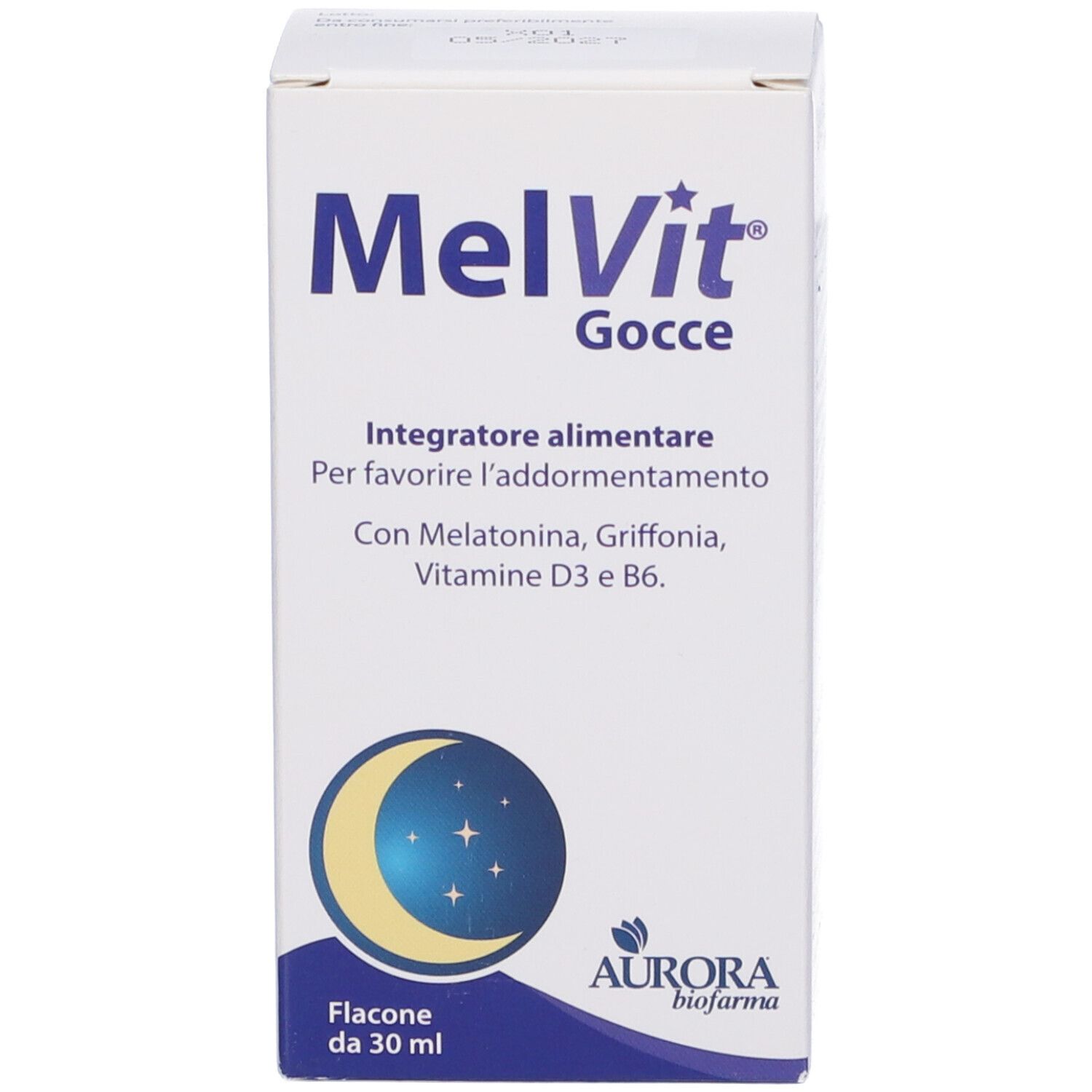 Confezione del prodotto. Scritta: MelVit Gocce, Aurora Biofarma. Contiene Melatonina, Griffonia, Vitamine. Flacone 30 ml.