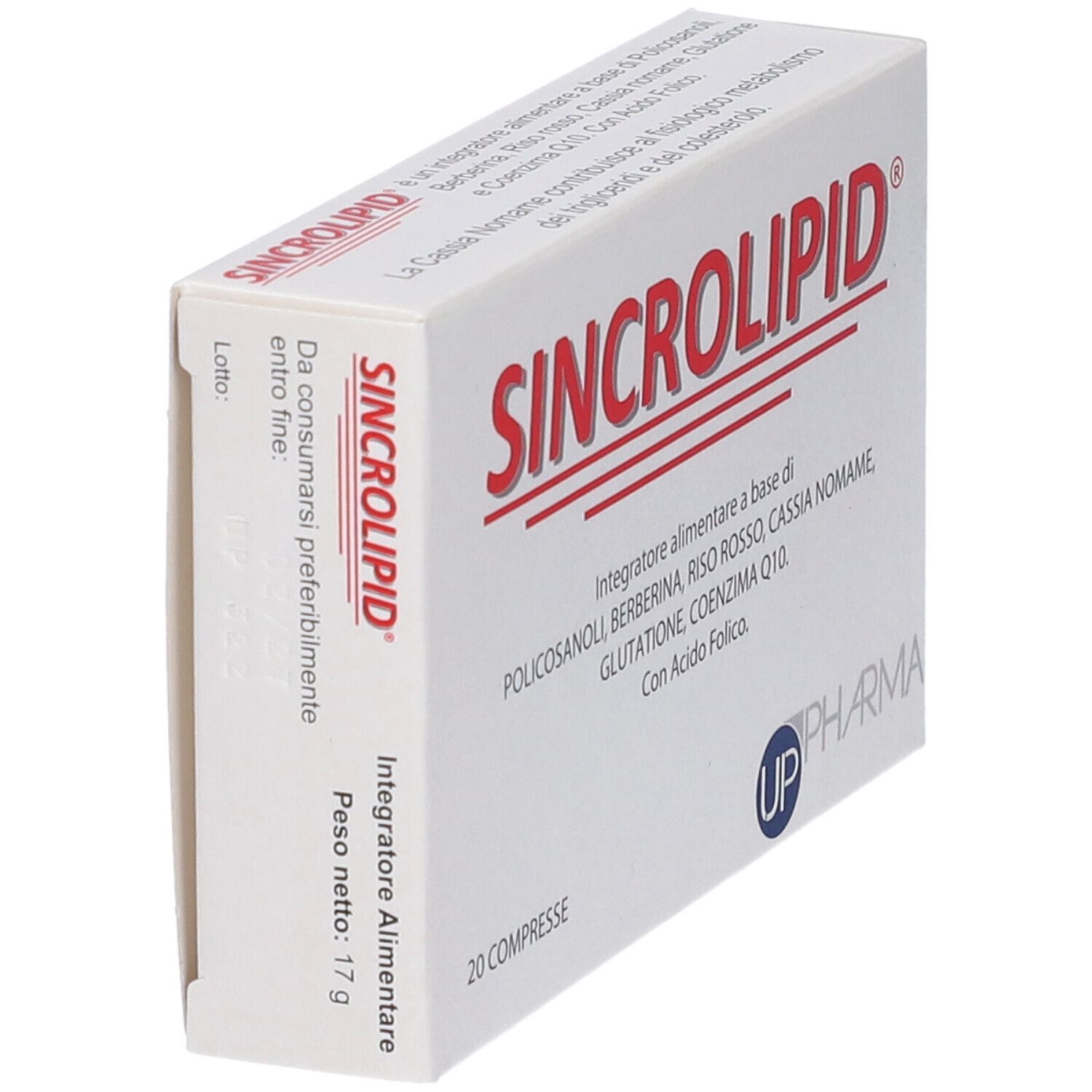 Scatola bianca con scritta rossa SINCR0LIPID. Contiene 20 compresse. Logo UP Pharma. Vista laterale.
