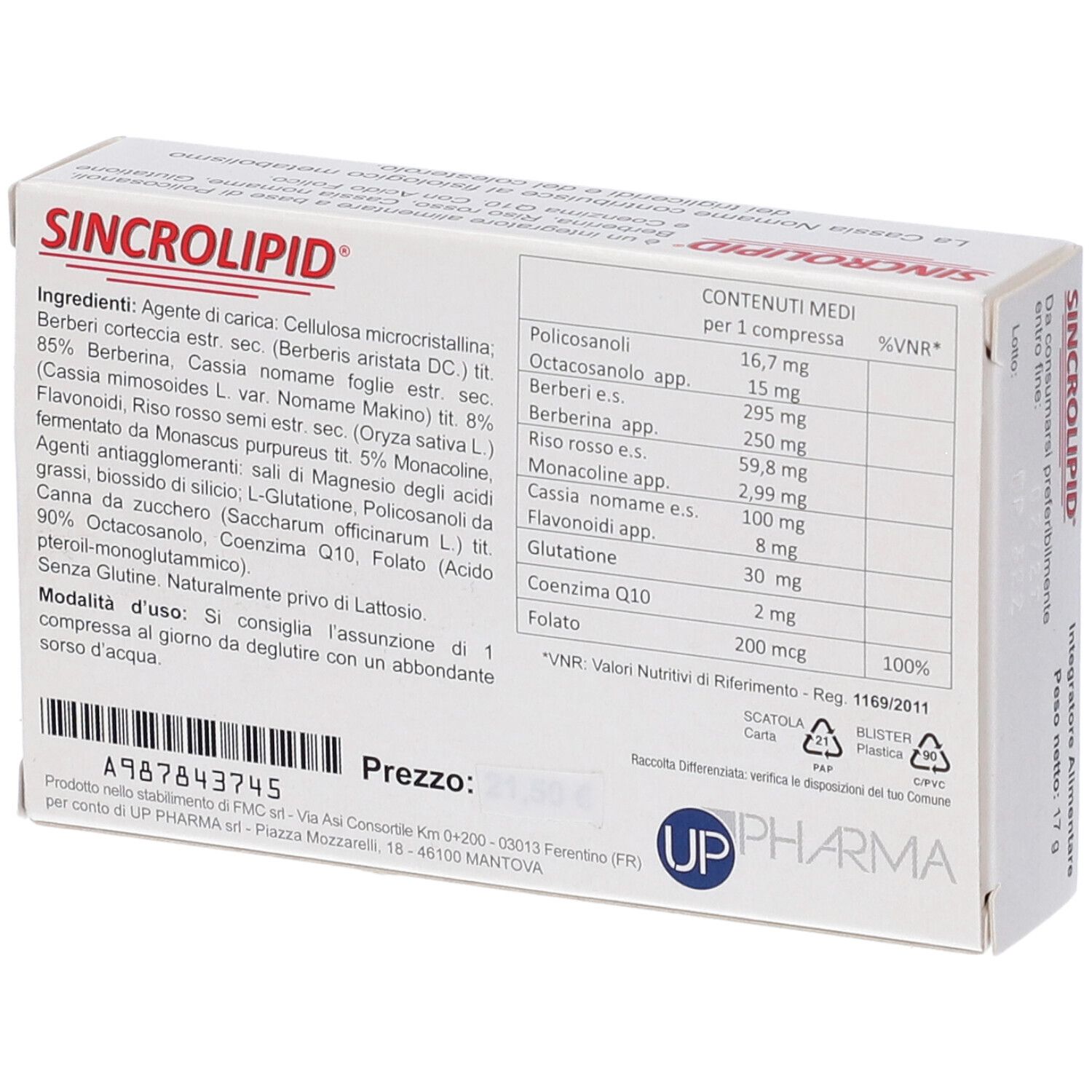 Retro della scatola bianca con elenco ingredienti e tabella nutrizionale. Logo UP Pharma.