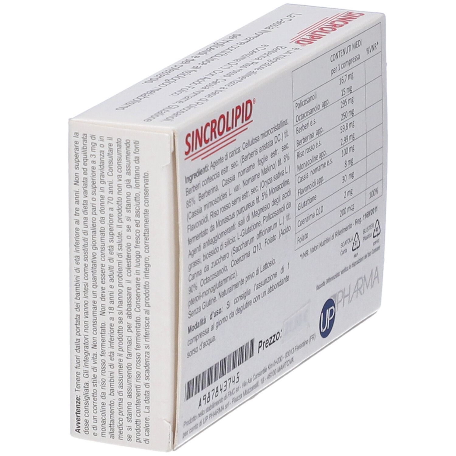 Vista laterale della scatola bianca con elenco ingredienti e avvertenze. Logo UP Pharma.