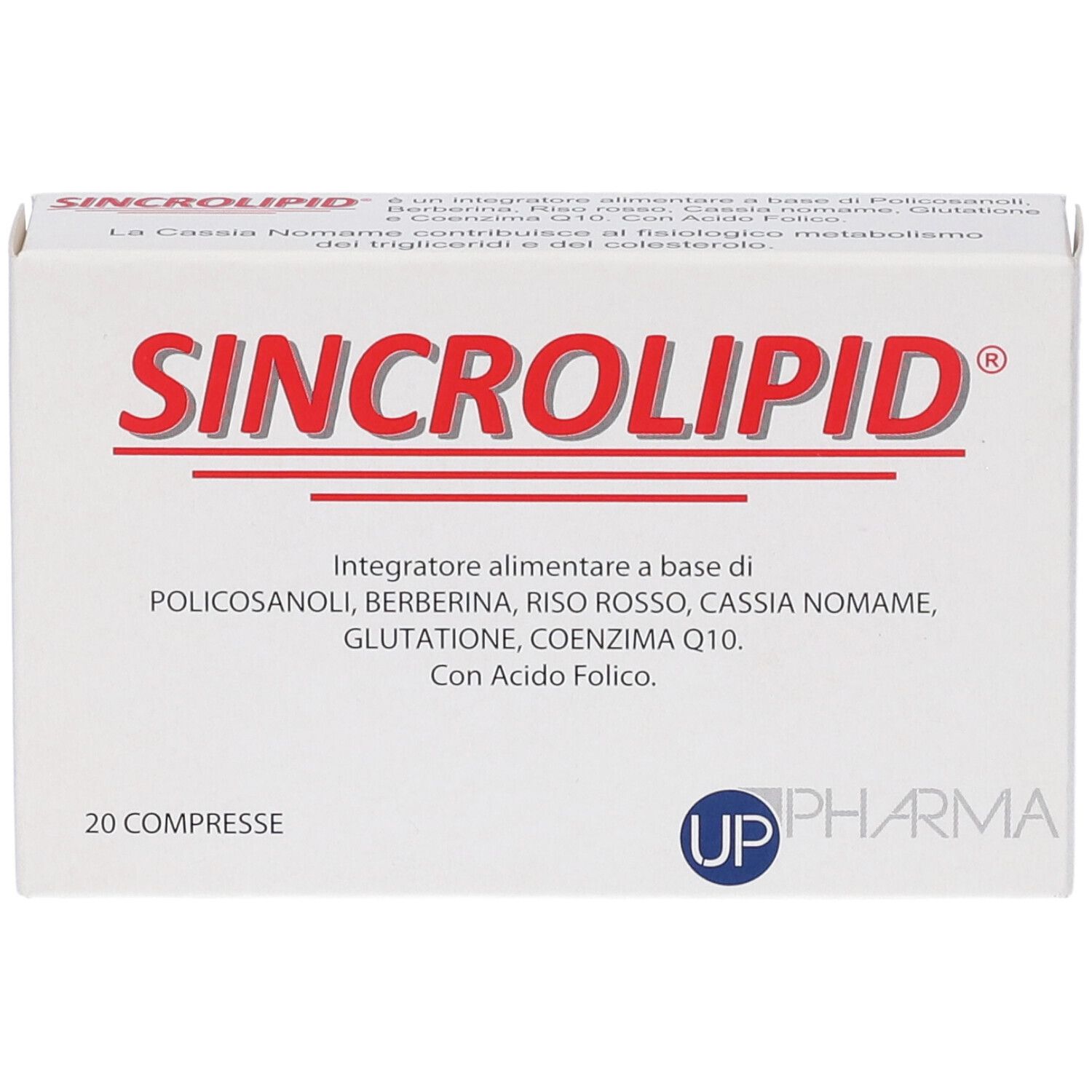 Scatola bianca con scritta rossa SINCR0LIPID. Contiene 20 compresse. Logo UP Pharma.