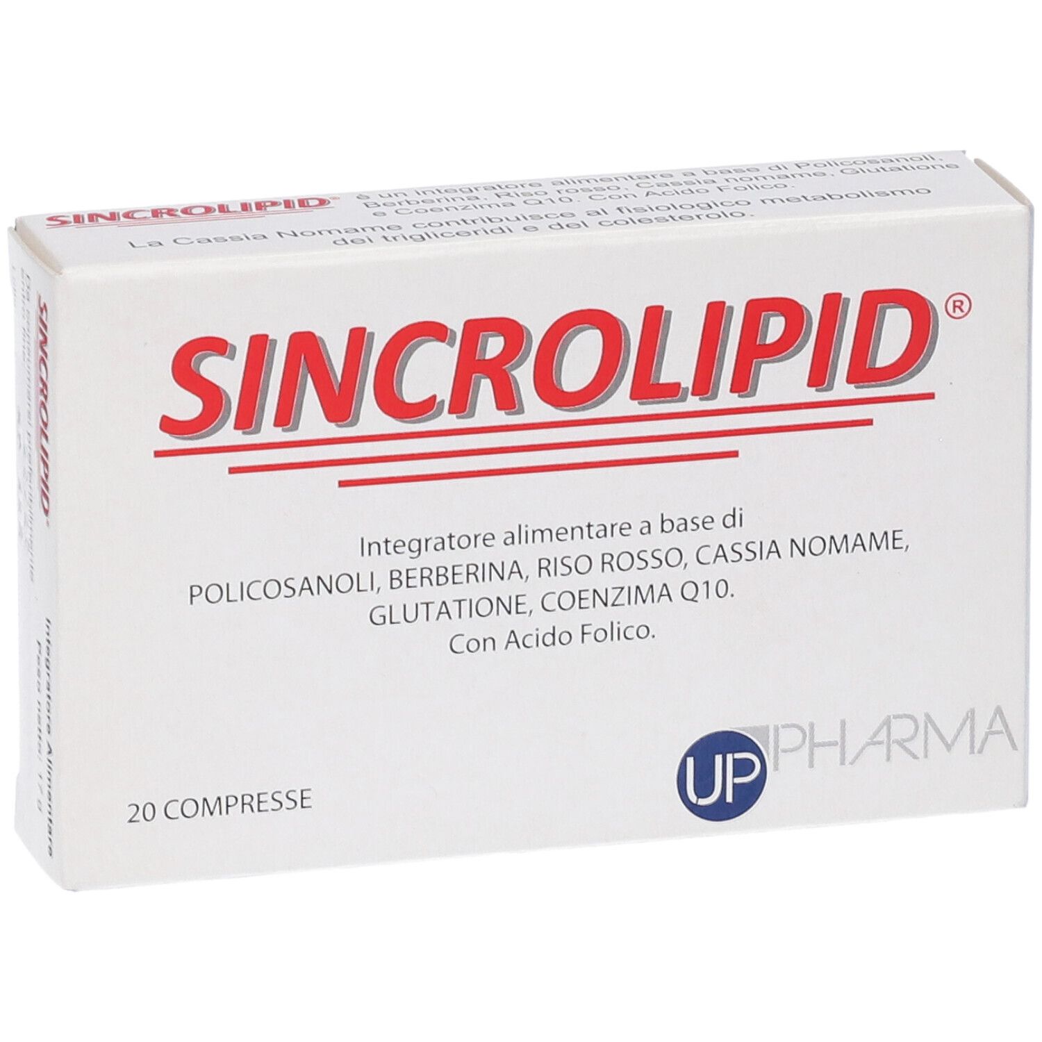 Scatola bianca con scritta rossa SINCR0LIPID. Contiene 20 compresse. Logo UP Pharma.