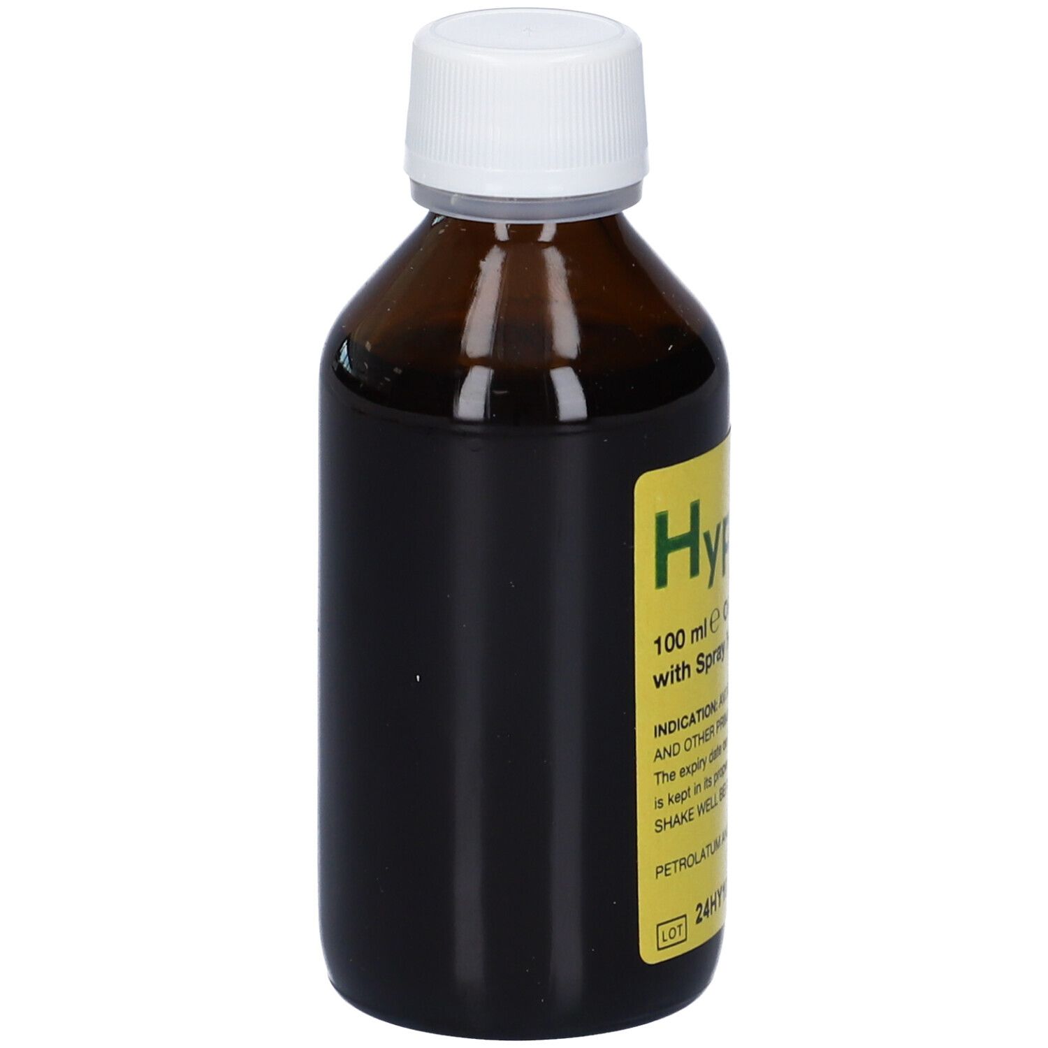 Flacone di vetro marrone con tappo bianco. Etichetta gialla con testo Hyperoil e informazioni. Con ugello spray.