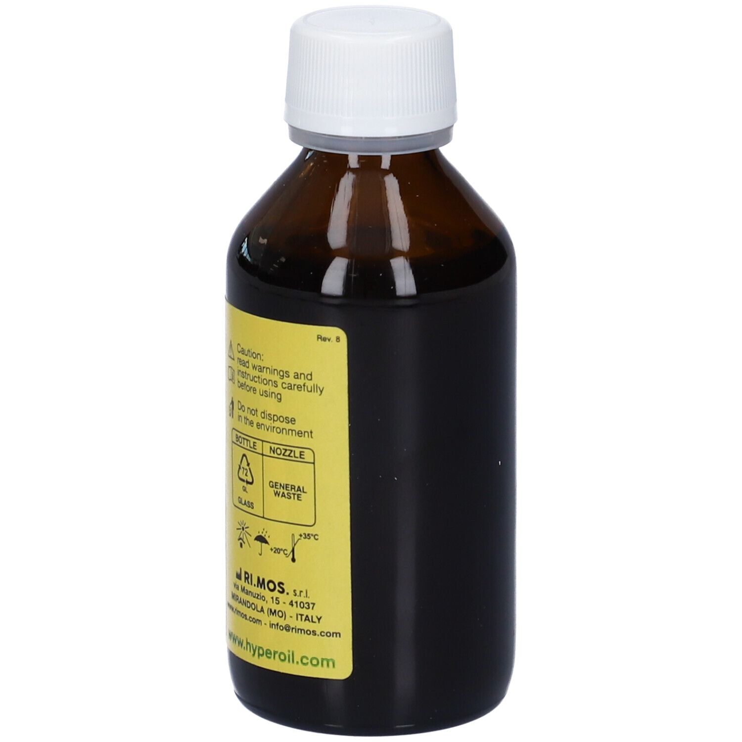 Flacone di vetro marrone con tappo bianco. Etichetta gialla con testo Hyperoil e informazioni. Con ugello spray.