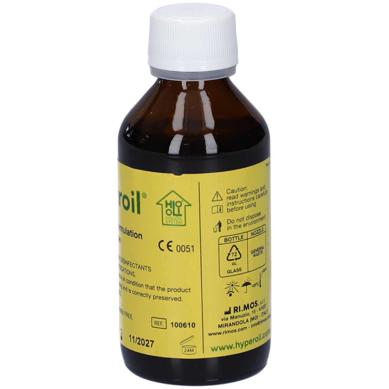 Flacone di vetro marrone con tappo bianco. Etichetta gialla con testo Hyperoil e informazioni. Con ugello spray.