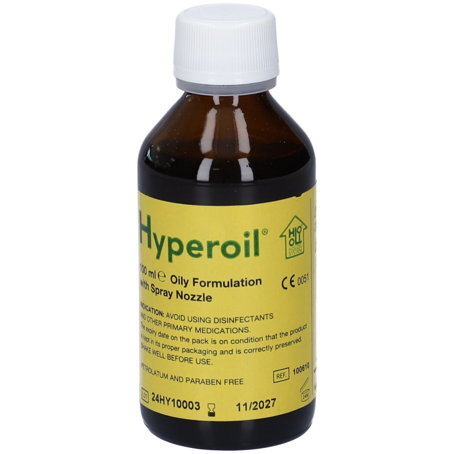 Flacone di vetro marrone con tappo bianco. Etichetta gialla con testo Hyperoil e informazioni. Con ugello spray.