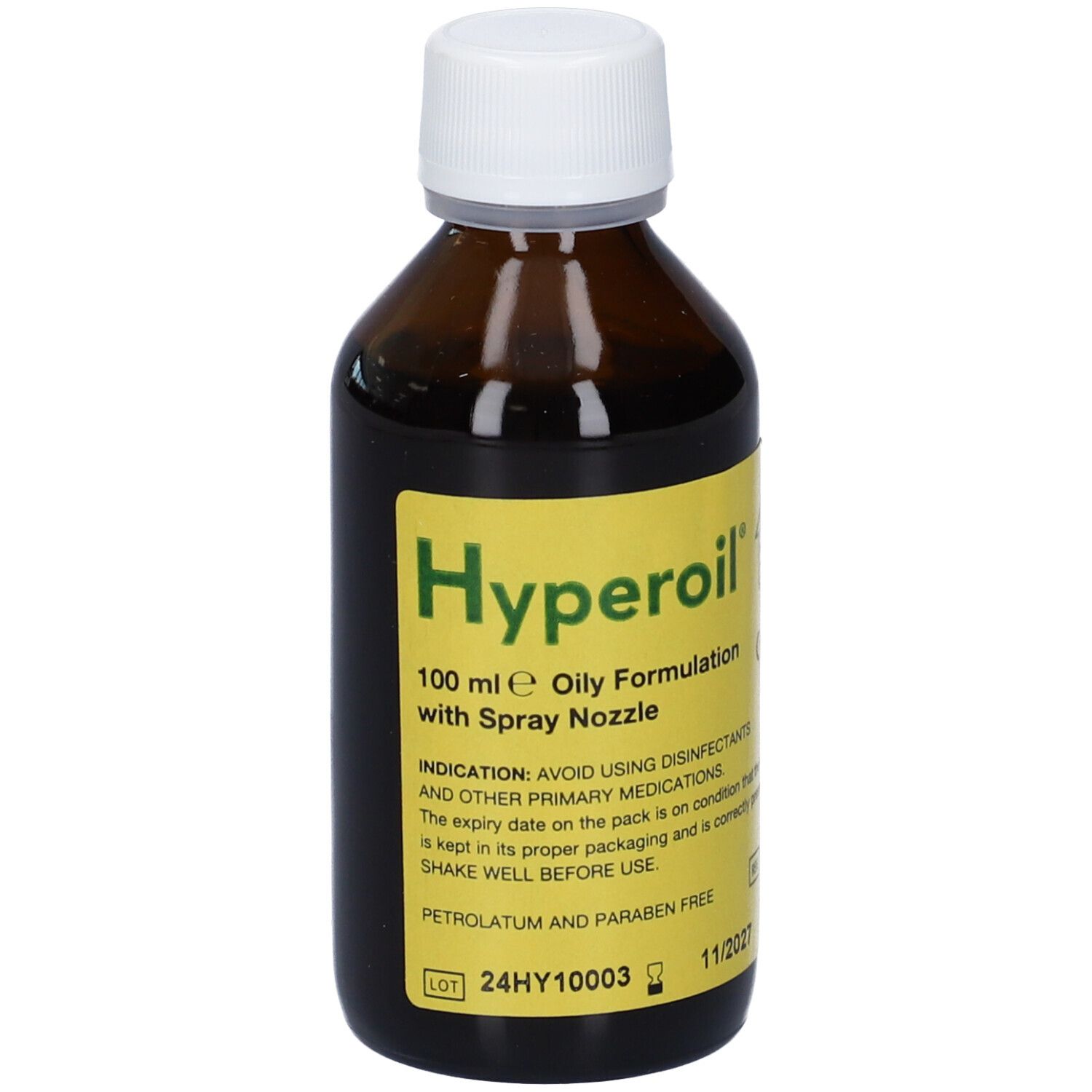 Flacone di vetro marrone con tappo bianco. Etichetta gialla con testo Hyperoil e informazioni. Con ugello spray.