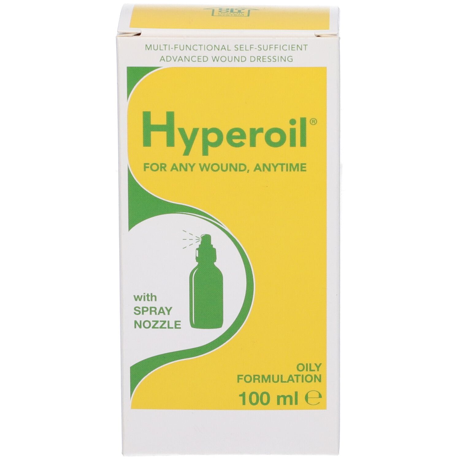 Scatola bianca con accenti gialli. Testo Hyperoil e informazioni sul prodotto. Con illustrazione di un flacone spray.