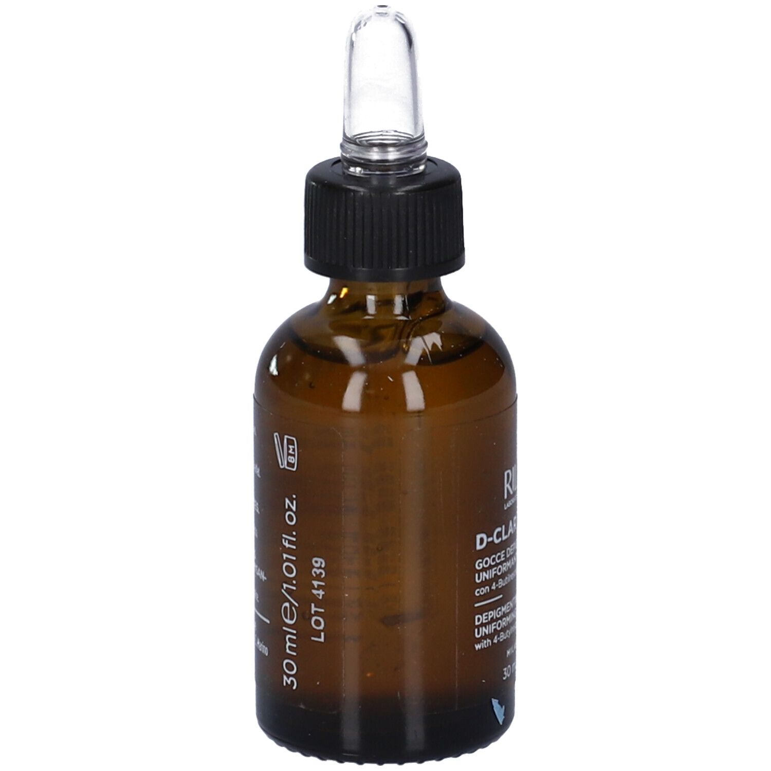 Flacone in vetro marrone con tappo nero e pipetta. Scritta: Rilastil D-Clar Gocce Depigmentanti. 30 ml. Lot 4139.