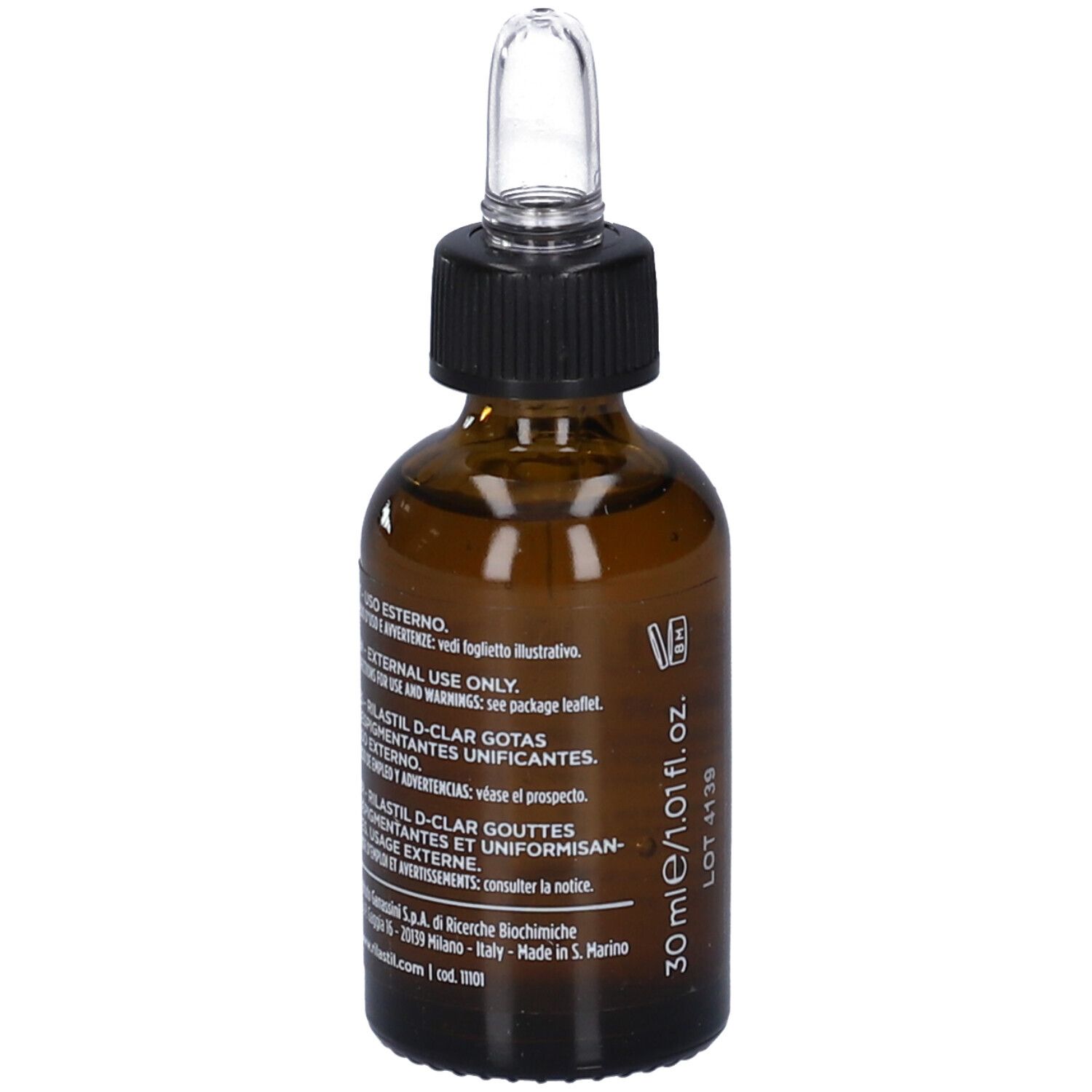 Flacone in vetro marrone con tappo nero e pipetta. Scritta: Rilastil D-Clar Gocce Depigmentanti. 30 ml. Testo.