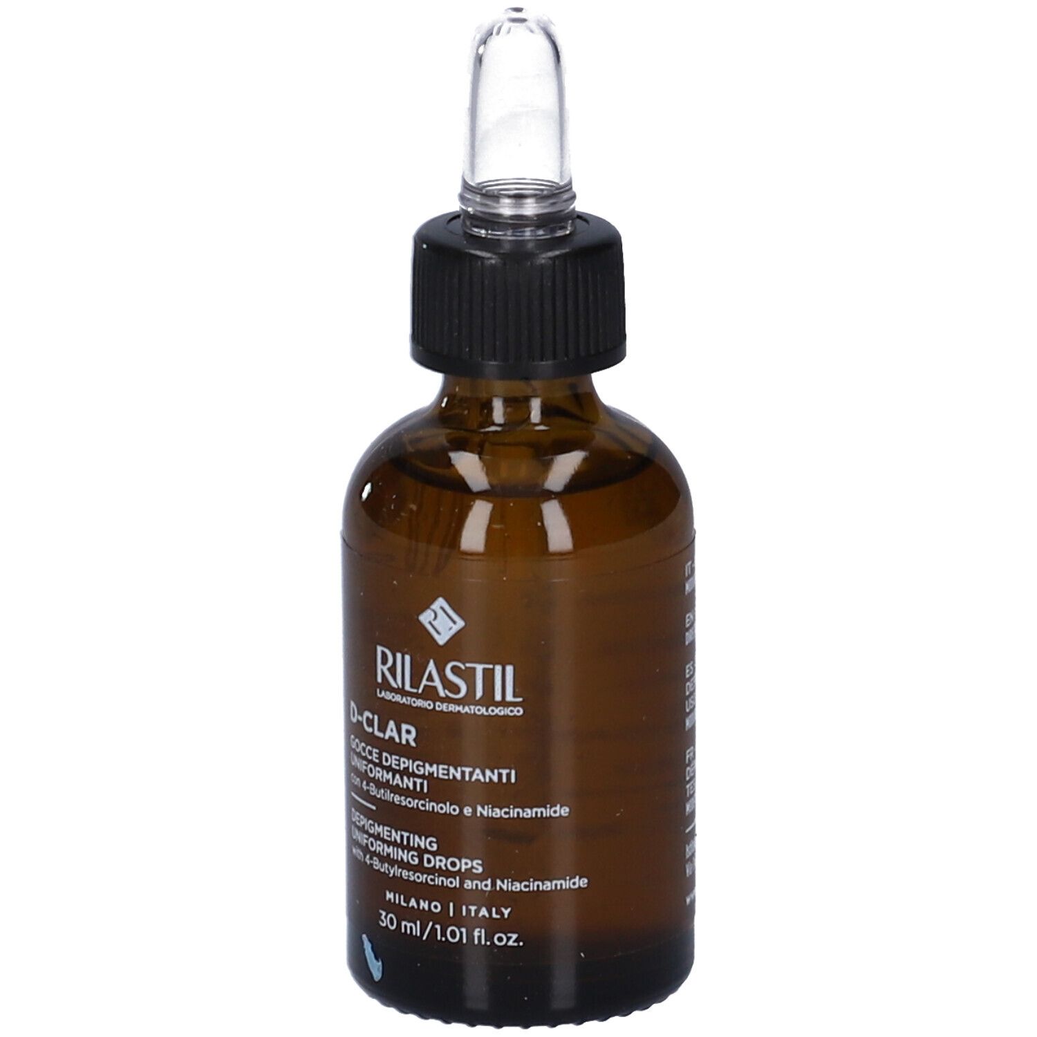 Flacone in vetro marrone con tappo nero e pipetta. Scritta: Rilastil D-Clar Gocce Depigmentanti. 30 ml.