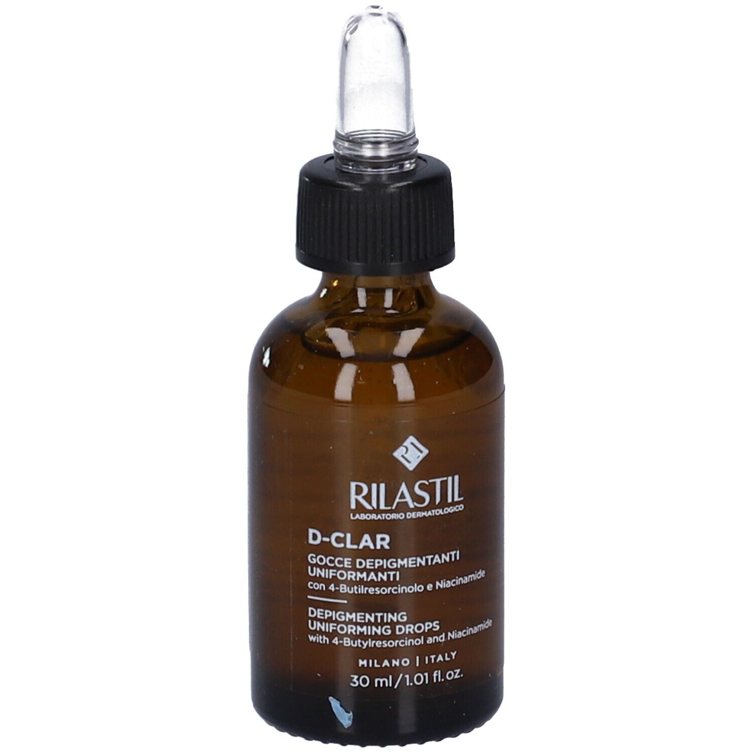 Flacone in vetro marrone con tappo nero e pipetta. Scritta: Rilastil D-Clar Gocce Depigmentanti. 30 ml.