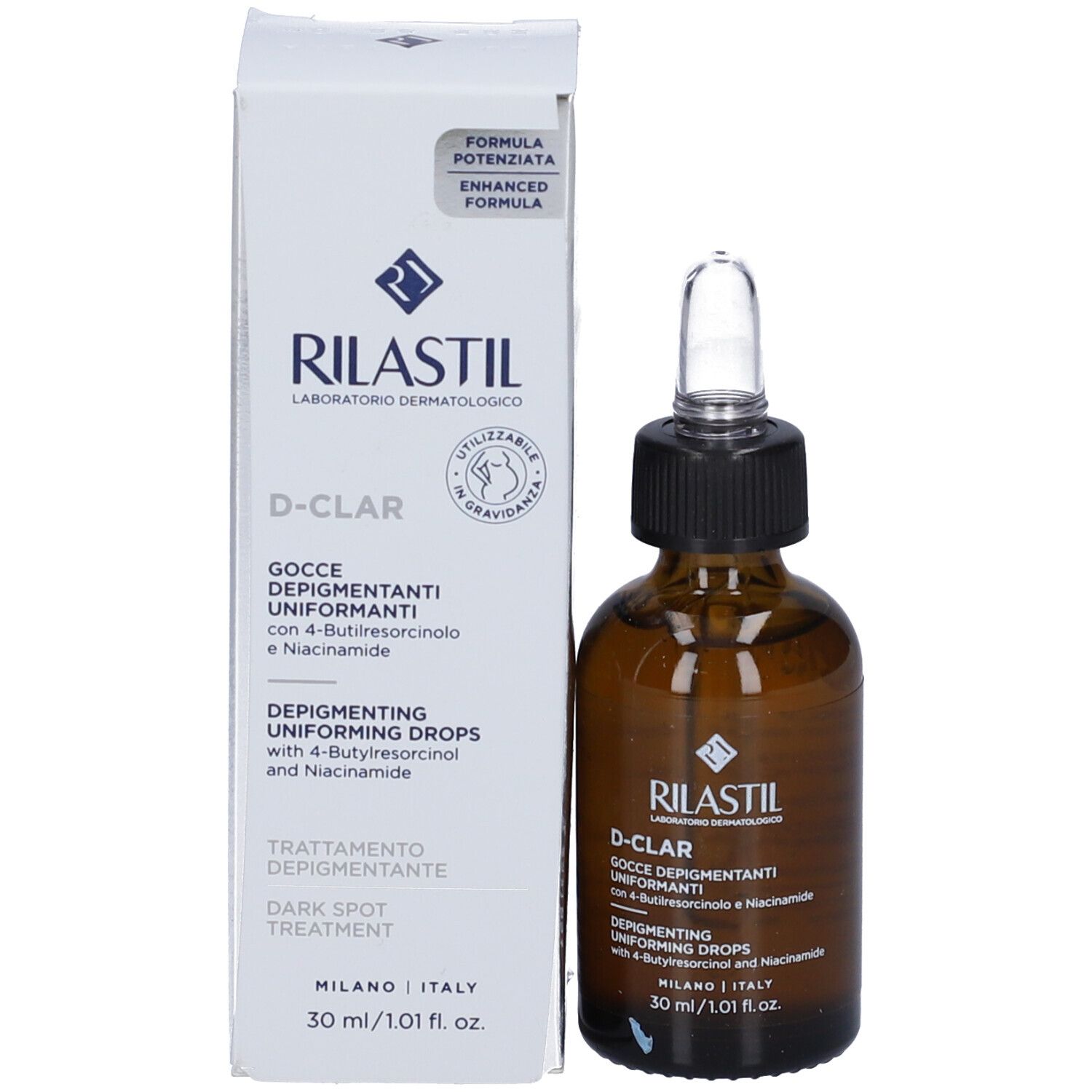 Confezione del prodotto con flacone. Scatola bianca con scritta: Rilastil D-Clar Gocce Depigmentanti. 30 ml. Flacone accanto.