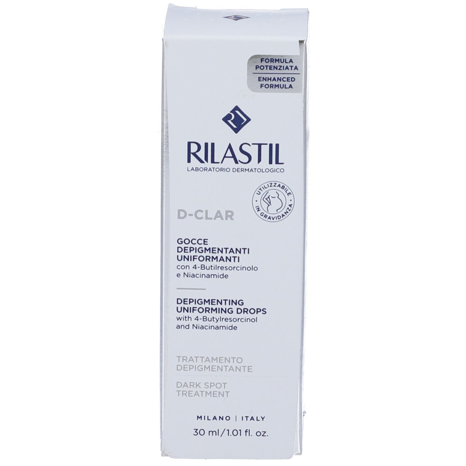 Scatola bianca con scritta: Rilastil D-Clar Gocce Depigmentanti. 30 ml. Testo e logo.