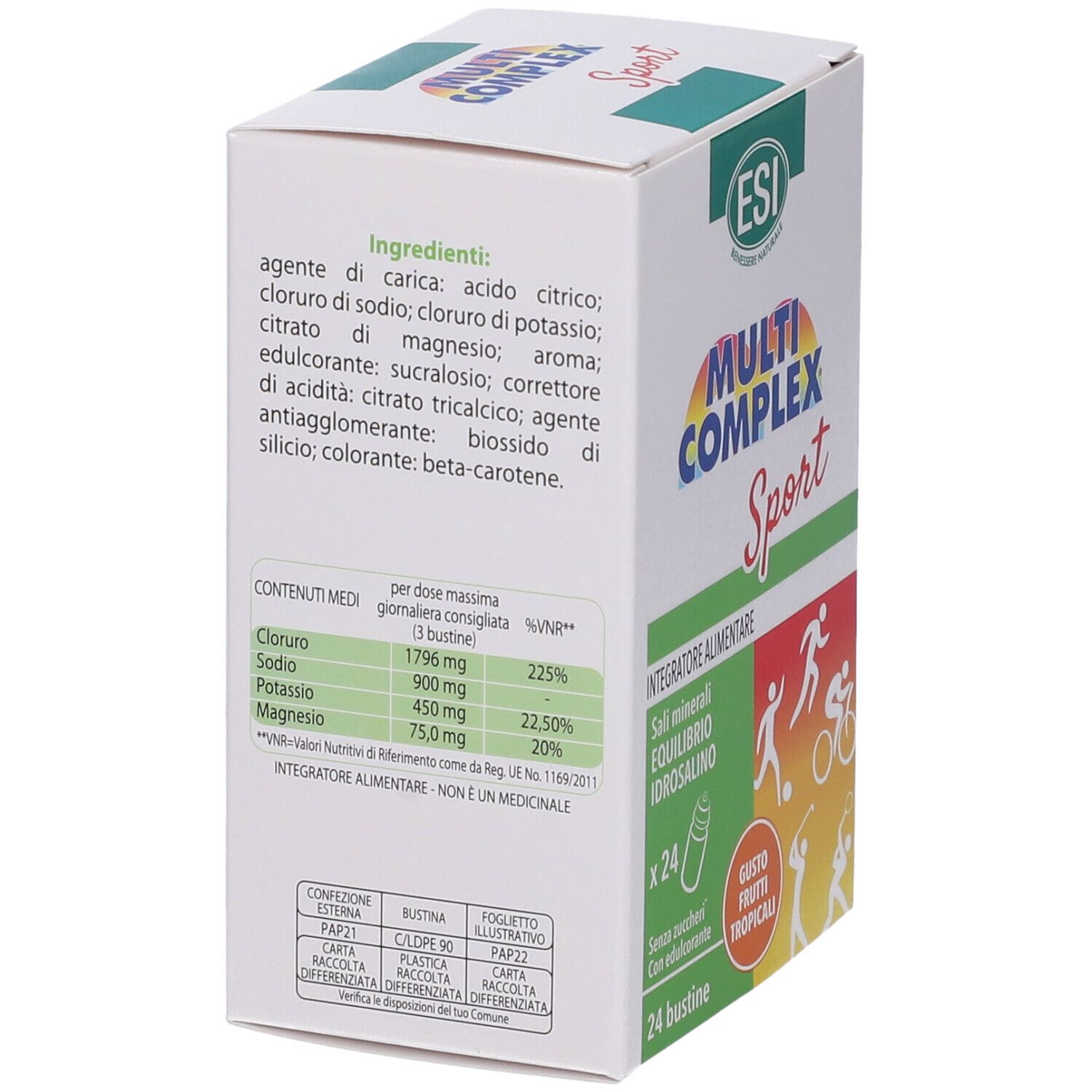 Retro della scatola "Multi Complex Sport". Contiene elenco ingredienti e informazioni nutrizionali. Logo ESI in alto a destra.