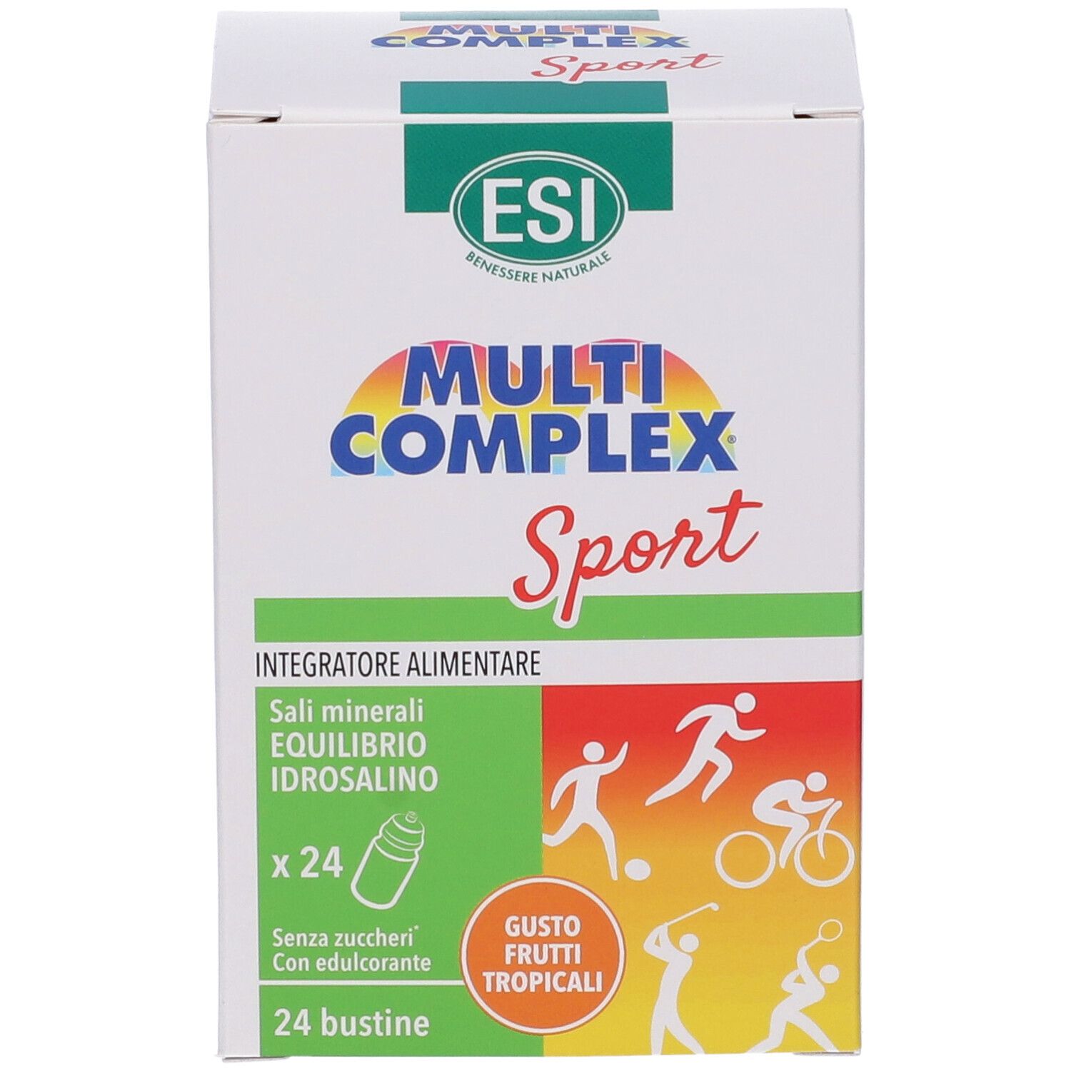 Scatola bianca con logo "Multi Complex Sport". Contiene 24 bustine. Testo: "Sali minerali, equilibrio idrosalino".