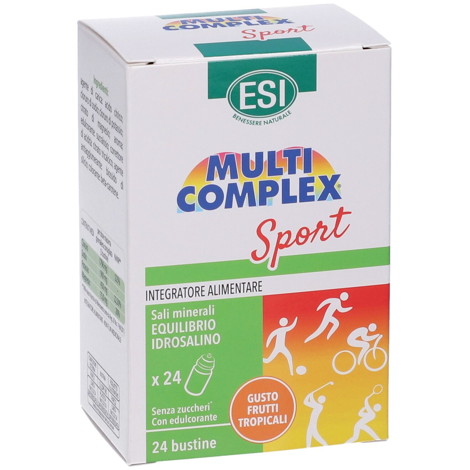 Scatola bianca con logo "Multi Complex Sport". Contiene 24 bustine. Testo: "Sali minerali, equilibrio idrosalino".