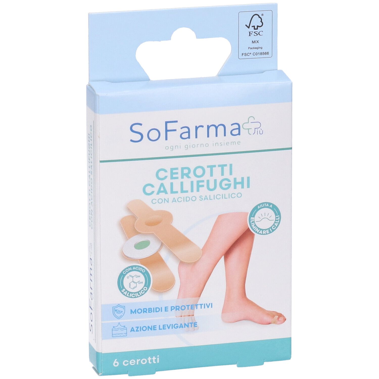Confezione da 6 cerotti. Scritta: Cerotti Callifughi, con immagine di un piede e cerotti. Marchio: SoFarma.