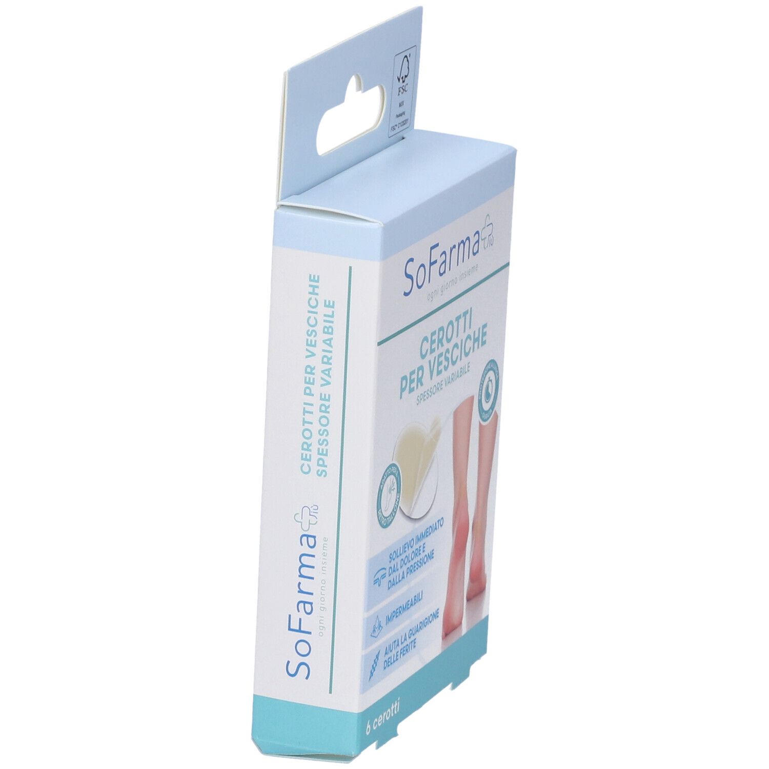 Vista laterale della confezione di cerotti per vesciche. Marca SoFarma. 6 cerotti. Forma ovale, spessore variabile.