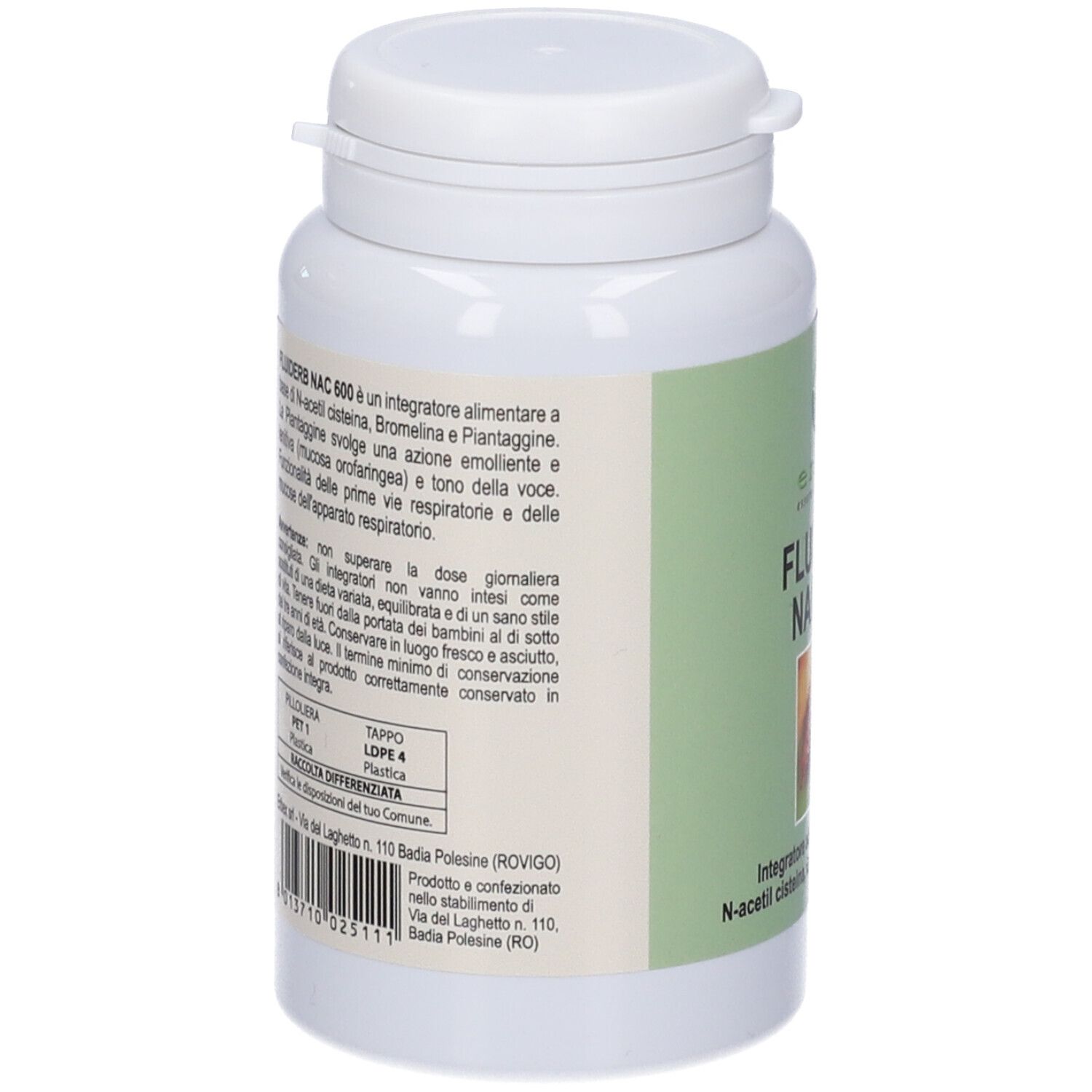 Flacone bianco, retro con testo. Informazioni sul prodotto e produttore.