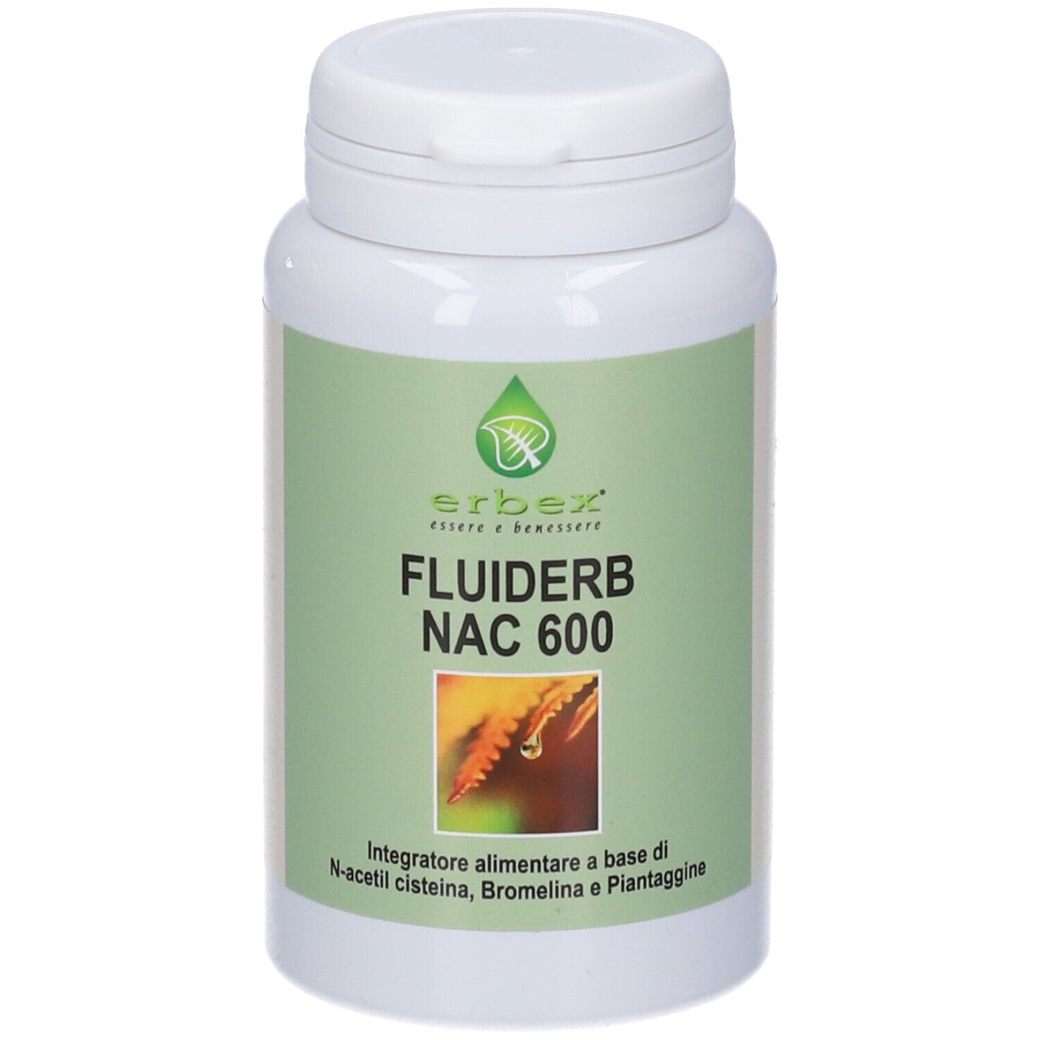 Flacone bianco con etichetta verde. Scritta: Erbex Fluiderb NAC 600. Integratore alimentare.