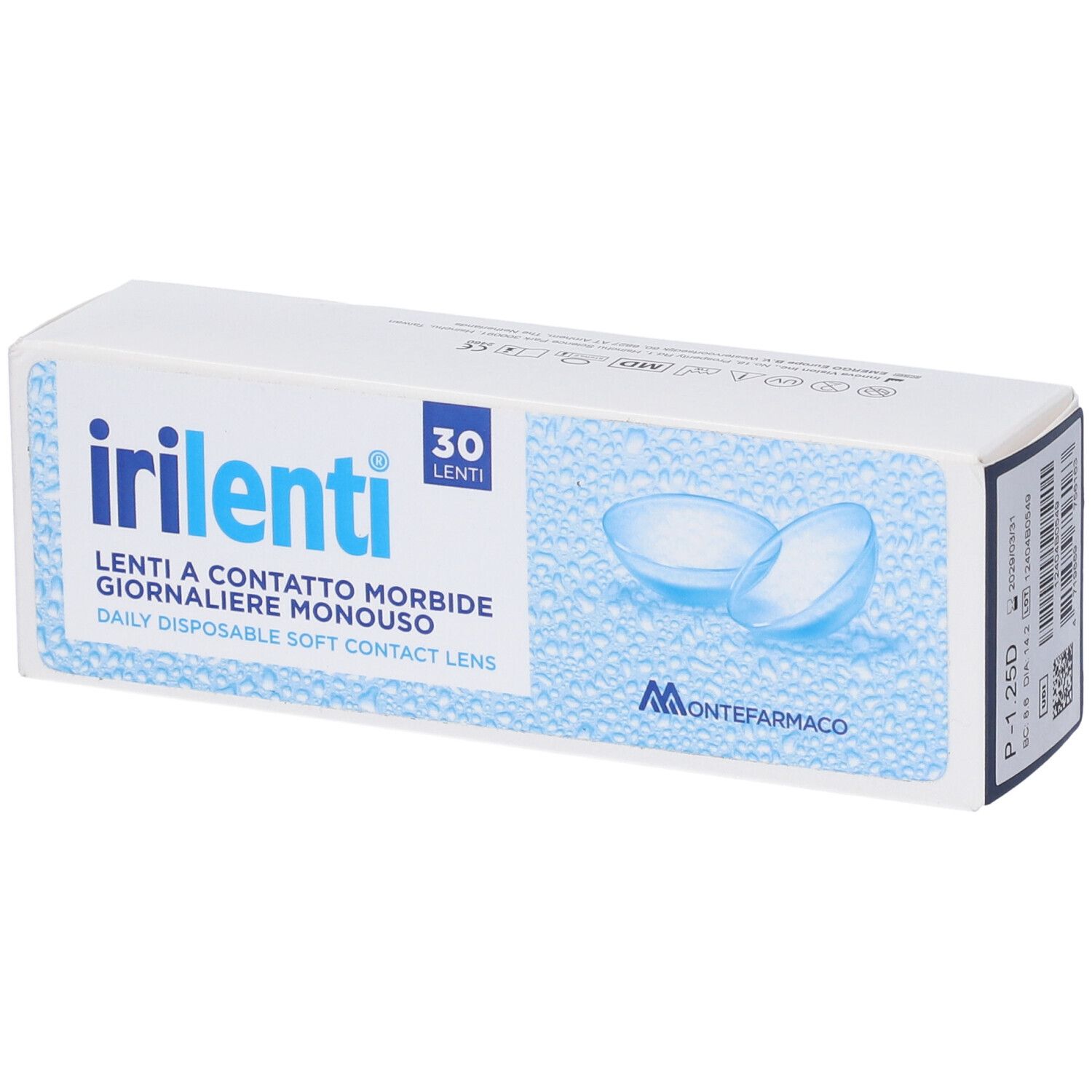 Scatola bianca con scritta blu "irilenti" e immagine di lenti a contatto. Contiene 30 lenti. Marchio: Montefarmaco.