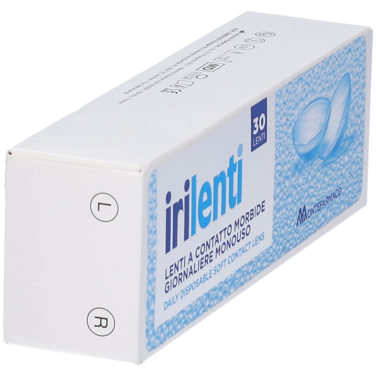 Scatola bianca con scritta blu "irilenti" e immagine di lenti a contatto. Contiene 30 lenti. Marchio: Montefarmaco.