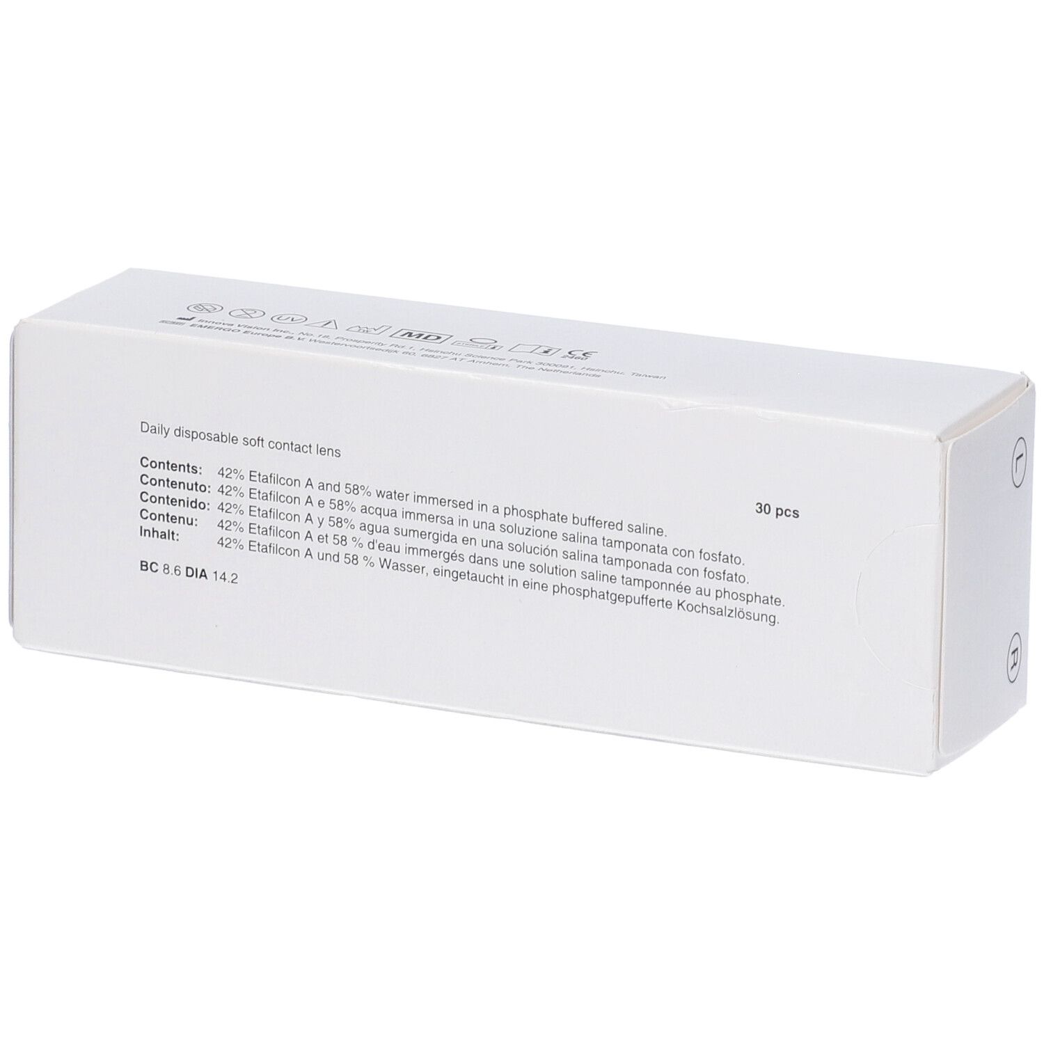 Scatola bianca con testo e informazioni sulle lenti a contatto. Contiene 30 pezzi. Retro con informazioni multilingue.