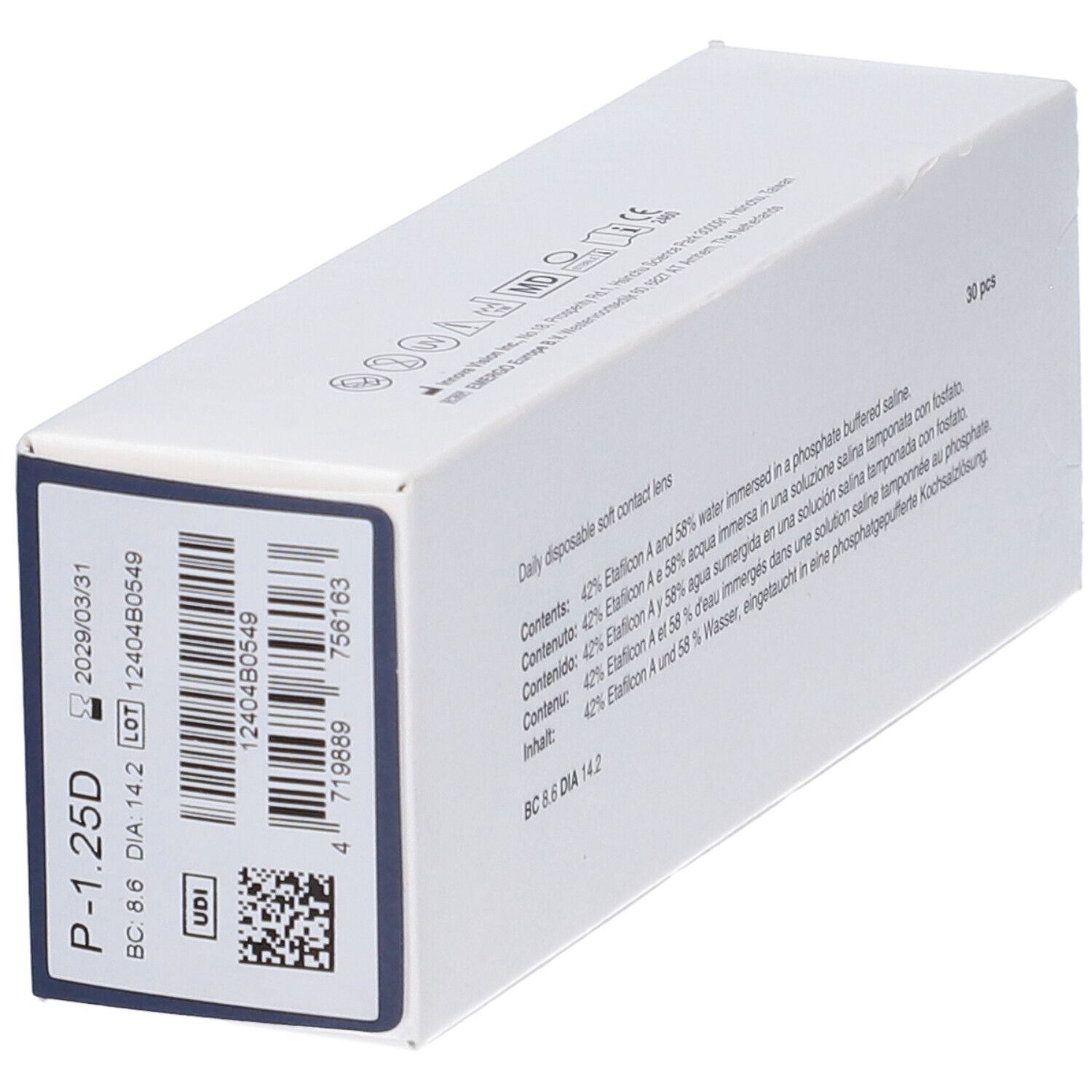 Scatola bianca con testo e informazioni sulle lenti a contatto. Contiene 30 pezzi. Lato con codice a barre e informazioni sul prodotto.