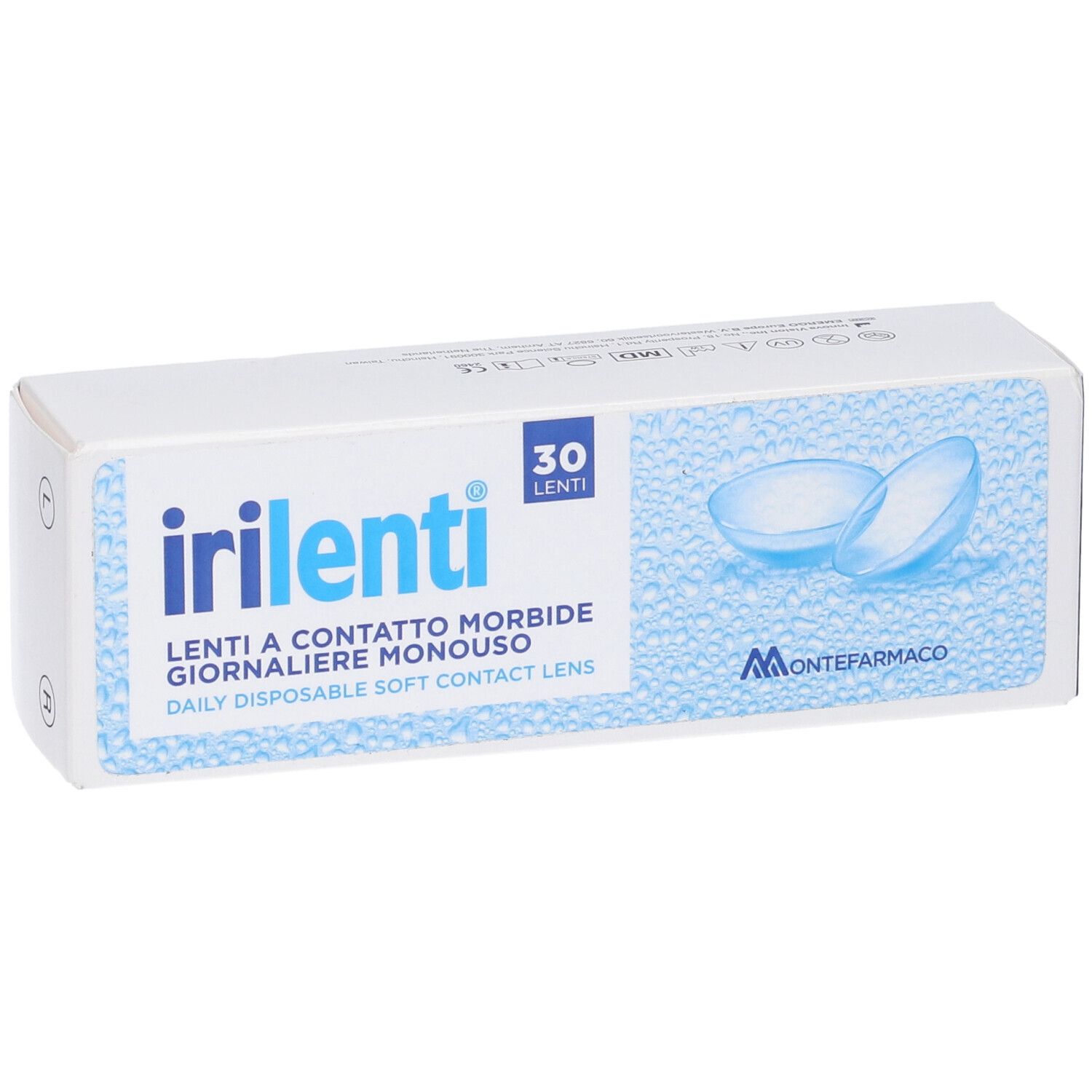 Scatola bianca con scritta blu "irilenti" e immagine di lenti a contatto. Contiene 30 lenti. Marchio: Montefarmaco.