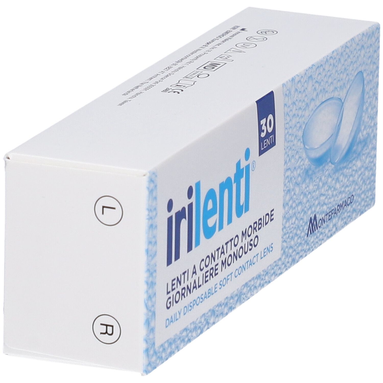 Scatola con logo "irilenti" e testo. Contiene 30 lenti. Sul lato: indicazione per occhio sinistro e destro.