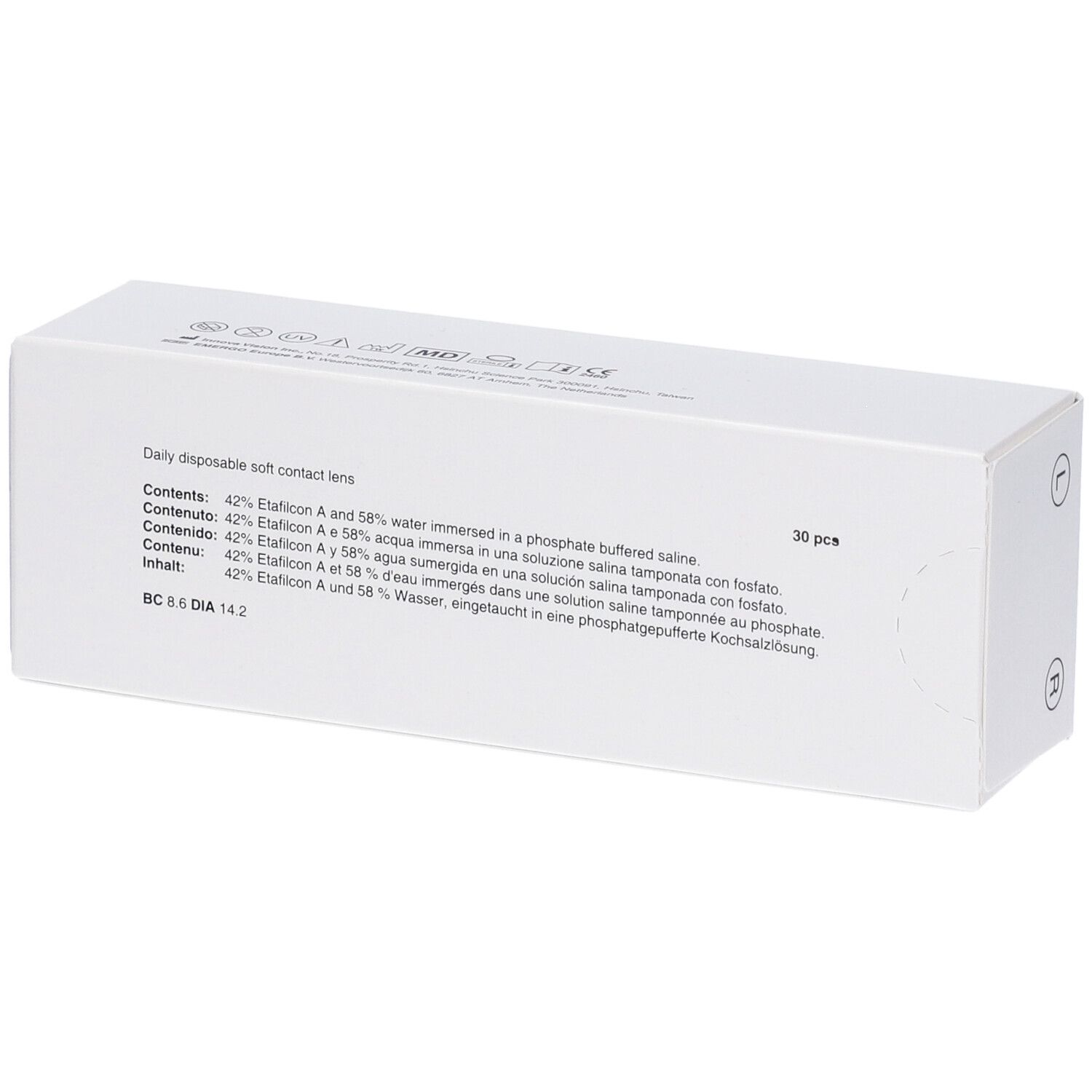 Scatola bianca con testo multilingue. Contiene 30 lenti a contatto. Informazioni su ingredienti e dimensioni.